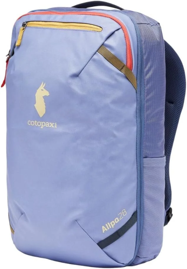 Light blue Cotopaxi Allpa 28 backpack with yellow and black zippers, featuring a llama logo and the brand name on the front.