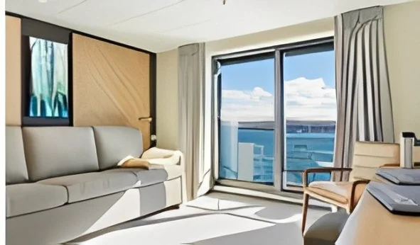 Hotel room with a gray sofa, a wooden chair, large glass sliding doors with curtains, and a view of the city skyline and water outside.
