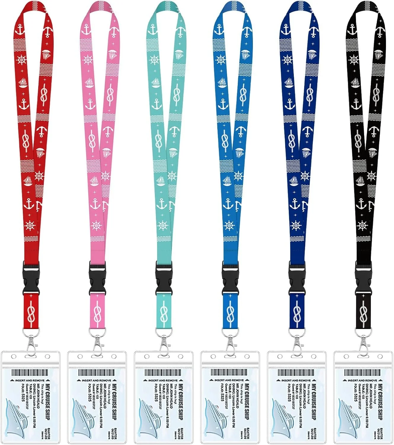 Array of six colorful lanyards with nautical and winter-themed patterns, each with a clear plastic badge holder attached.