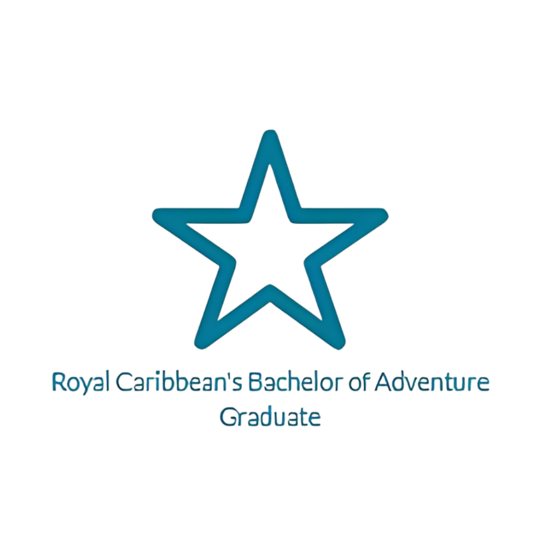 A logo with a blue star, a teal stripe, and the text 'Royal Caribbean International, Spirit of Adventure, Celebrate' in blue and pink.