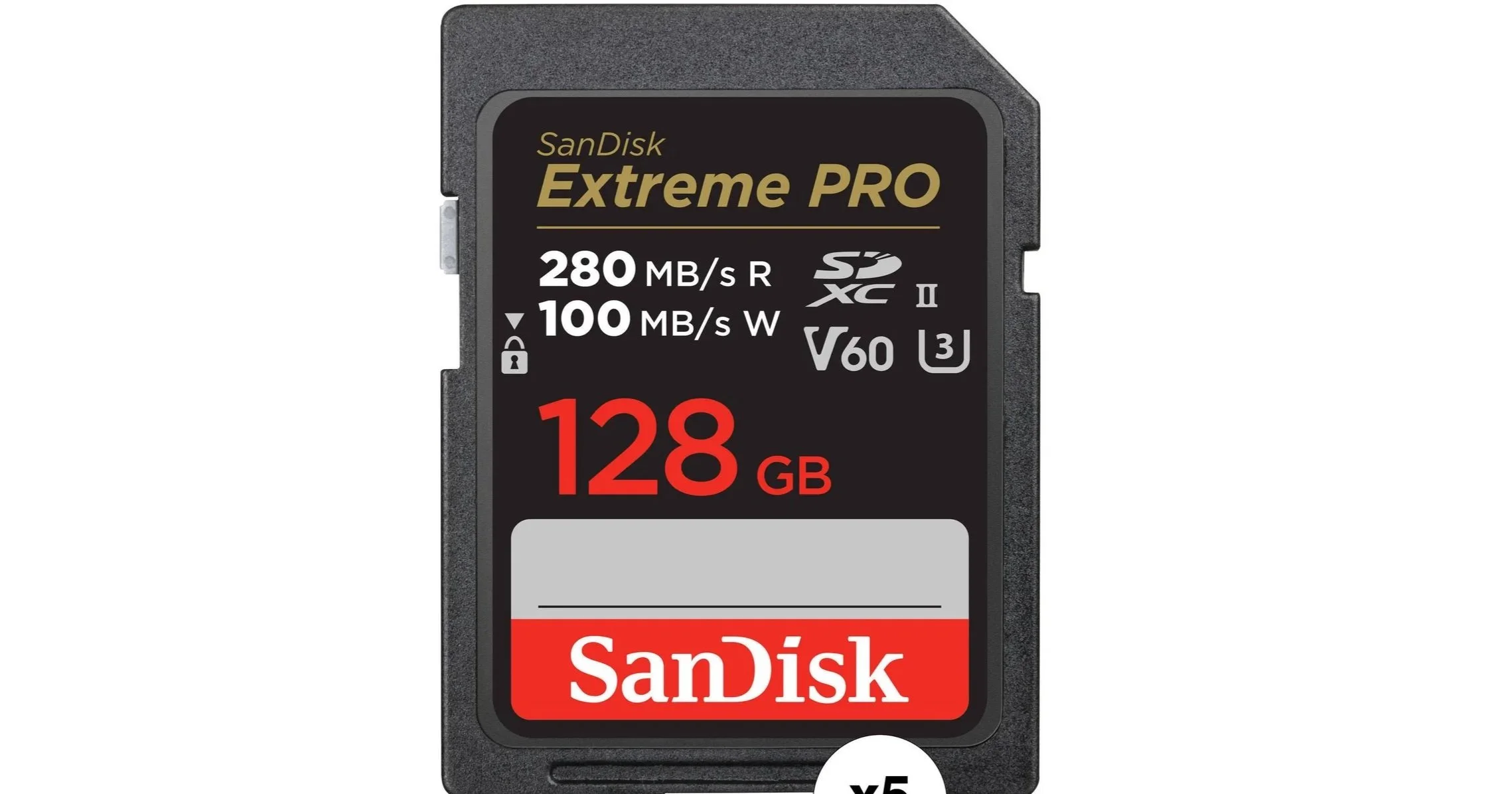 A SanDisk Extreme PRO 128 GB SD card with black and red label, indicating 280 MB/s read and 100 MB/s write speeds.