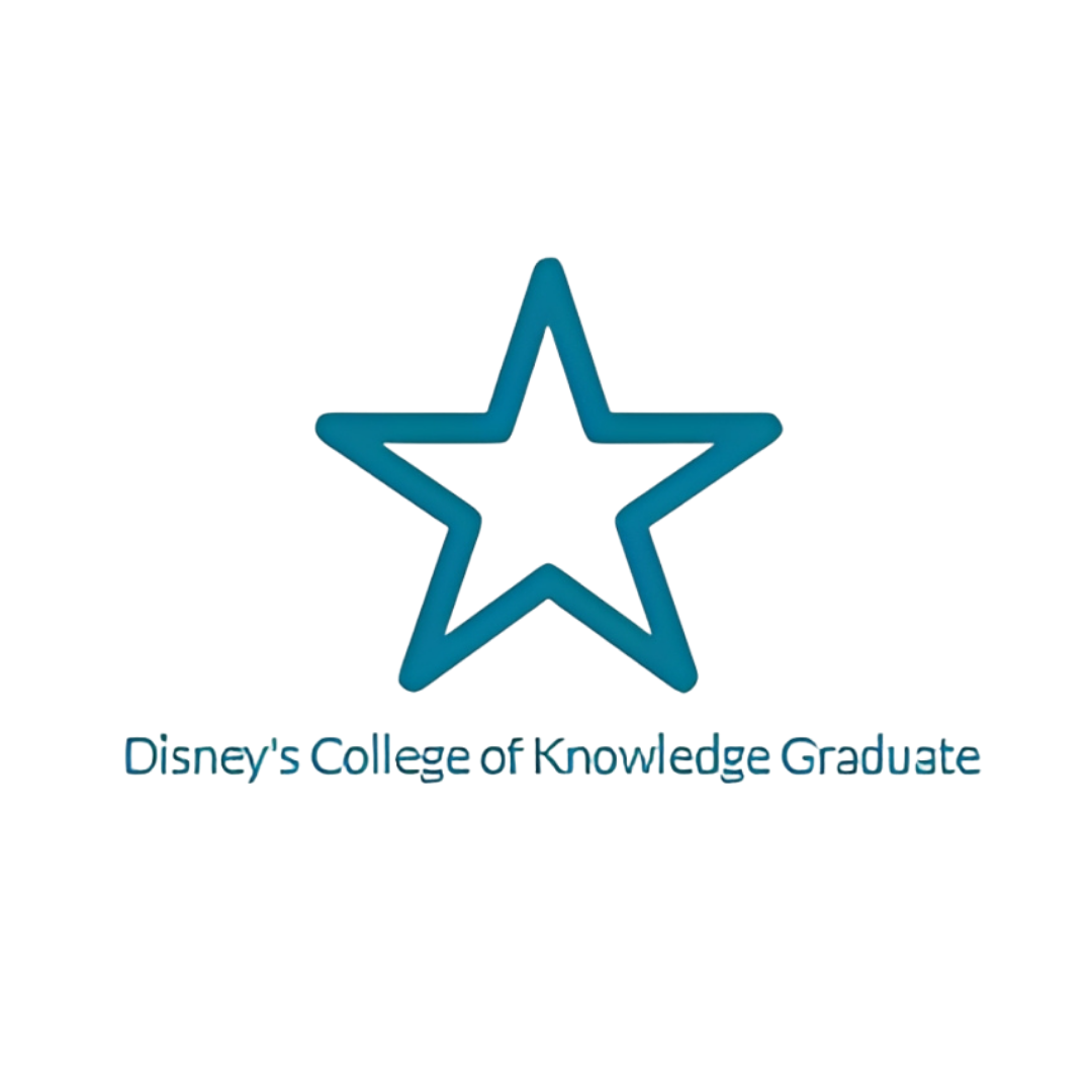Logo for Disney College of Knowledge Graduate featuring a blue star with pink, green, blue, and purple edges and text underneath.