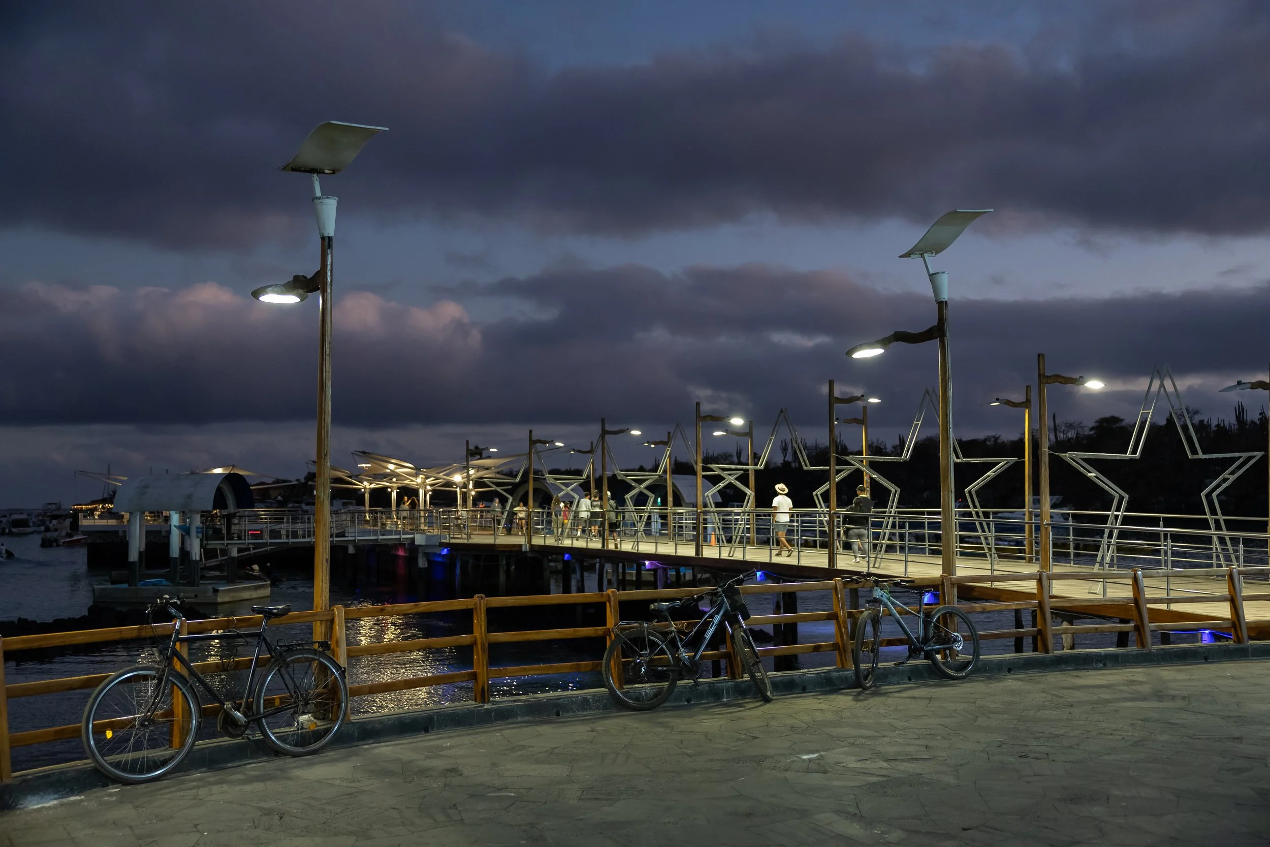 Bicycles parked along a wooden railing near a dock, with a marina and an artistic pier structure in the background during evening, under dark cloudy skies, lit by streetlights.