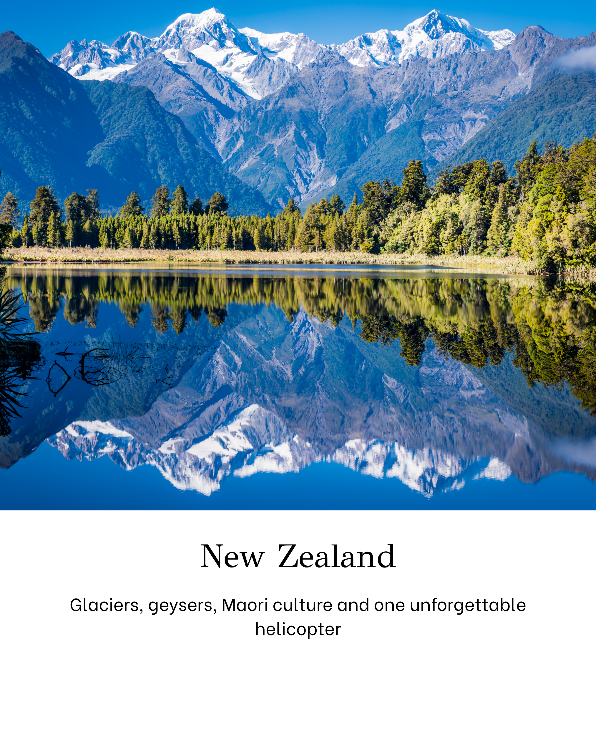 A scenic view of snow-capped mountains, lush green forests, and a body of water reflecting the landscape, representing New Zealand's natural beauty.