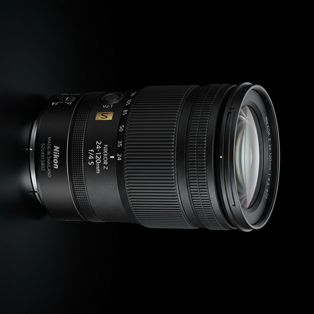 Close-up of a Nikon camera lens against a black background.