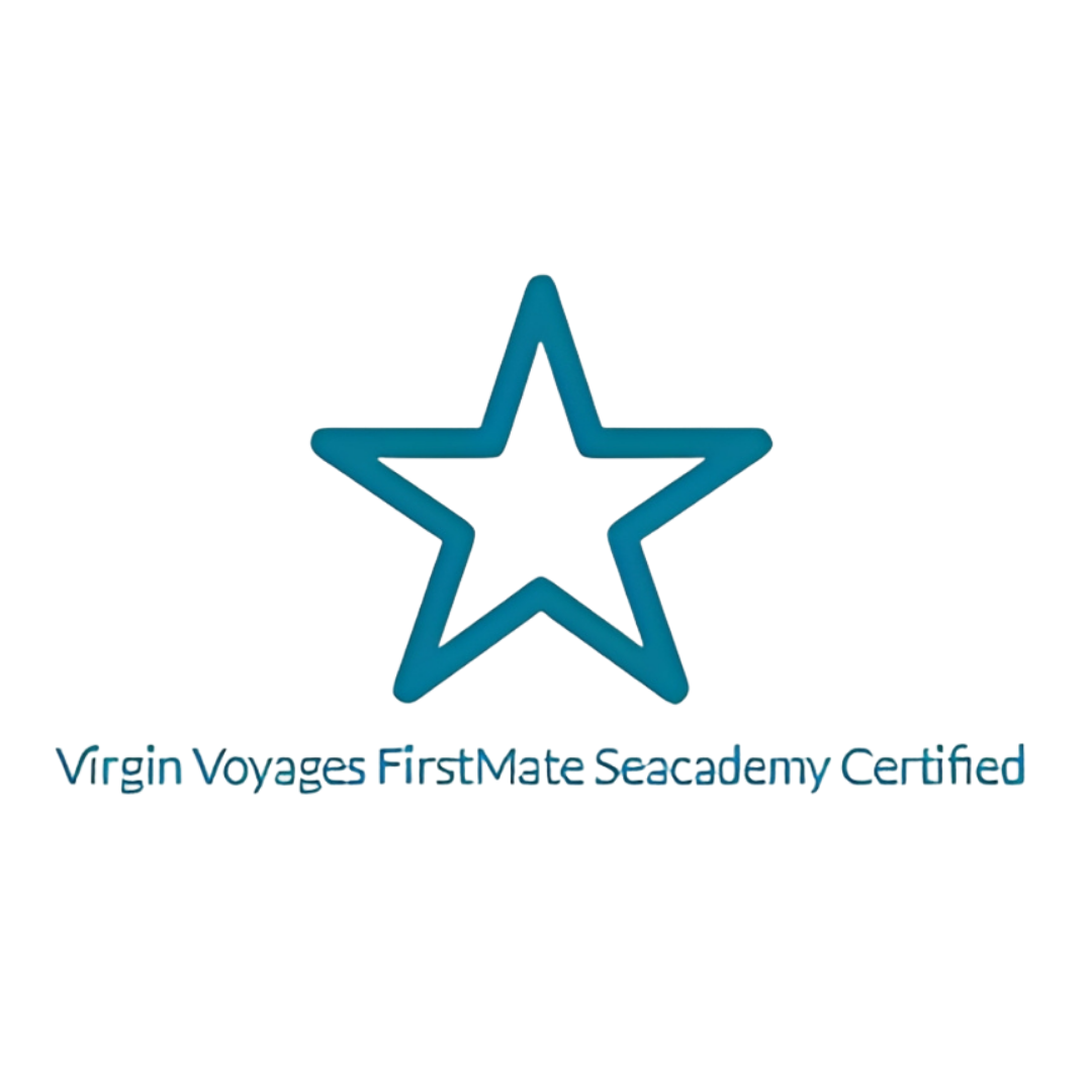 Blue star-shaped badge with text below reading 'Virgin Voyages FirstMate Seacademy Certified'.