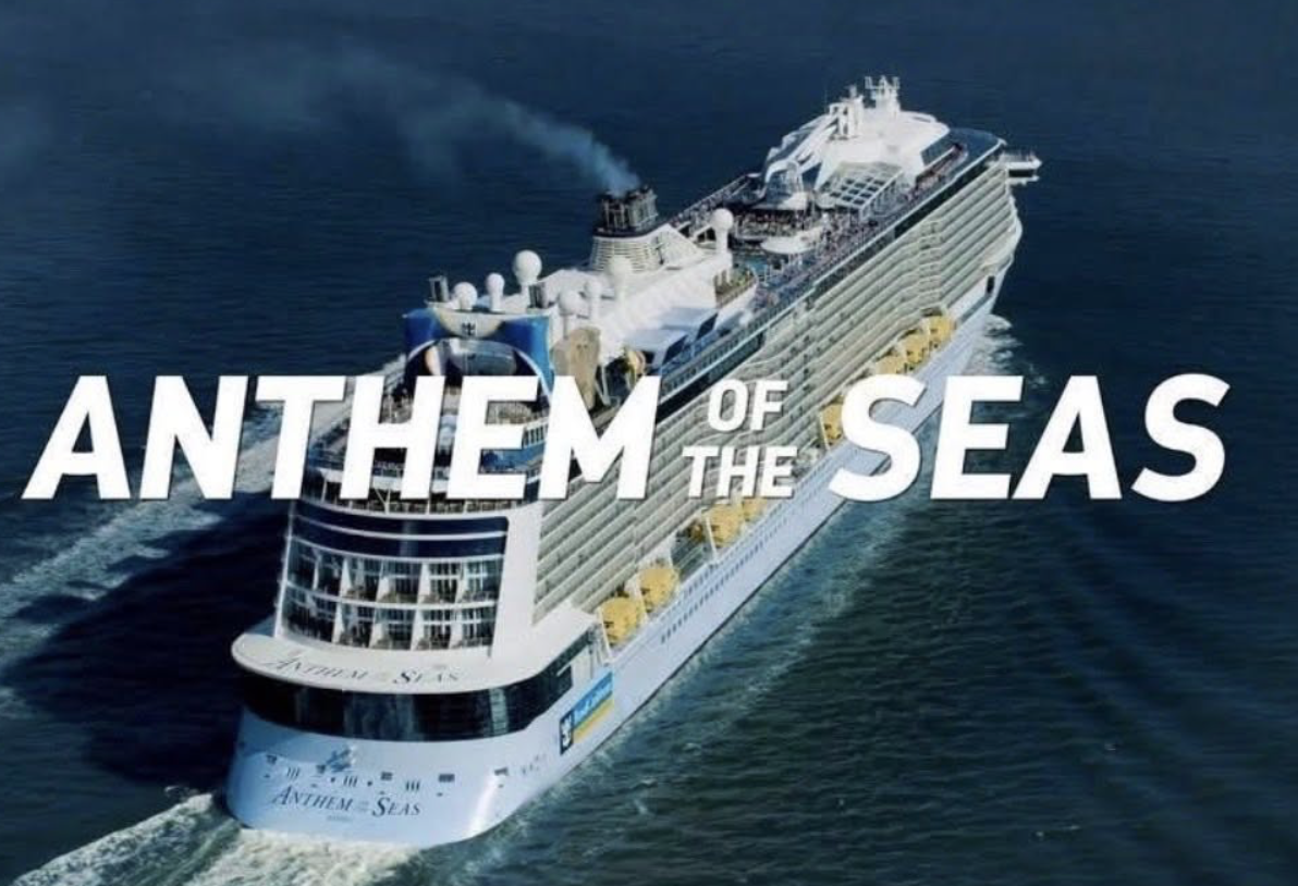 A large cruise ship sailing on the ocean with the text "Anthem of the Seas" overlayed.