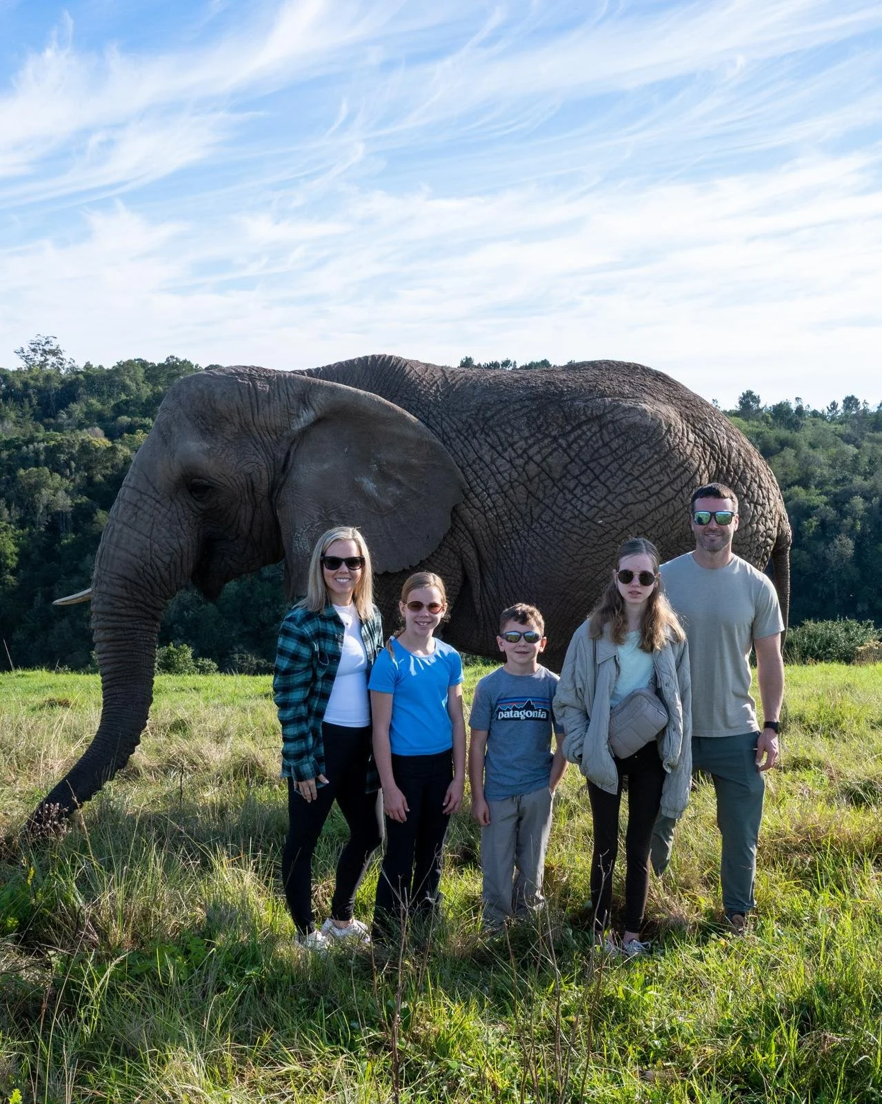 Sanders Family, standing in front of a large adult elephant in a grassy field with trees and a blue sky in the background.