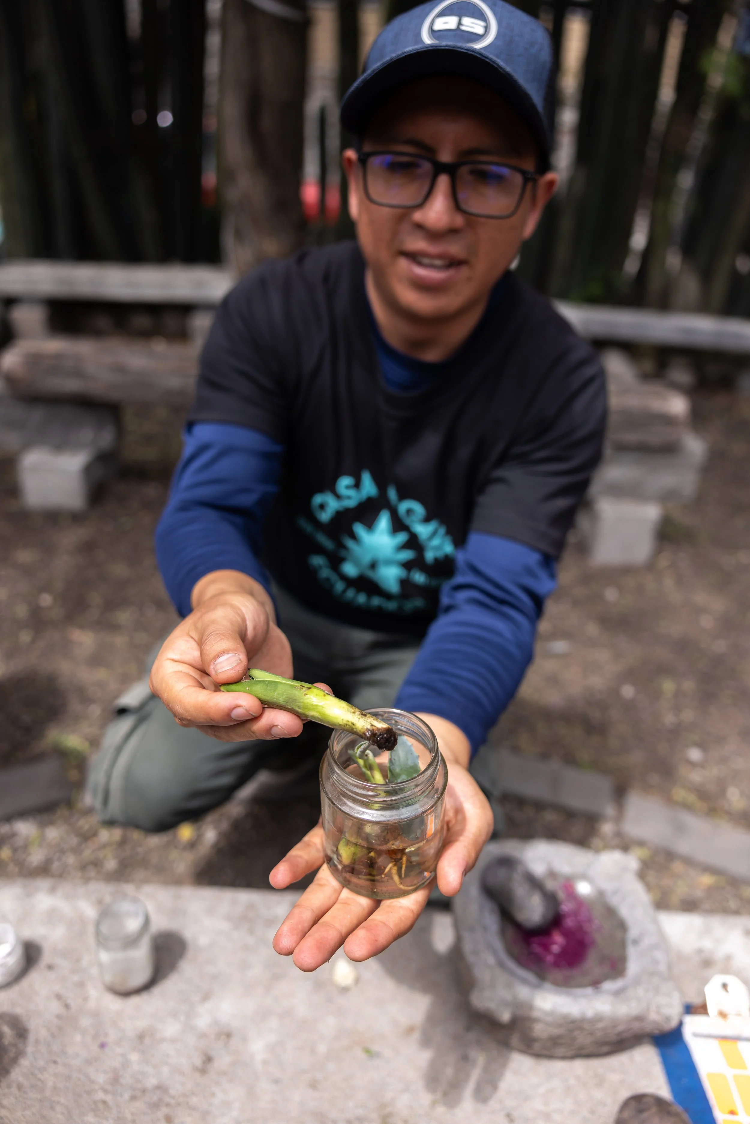 A man wearing glasses and a baseball cap is sitting outdoors on a bench, holding a small plant with roots in a glass jar, which is being handed to him by another person. In the background, there are trees and a bucket with purple flowers.