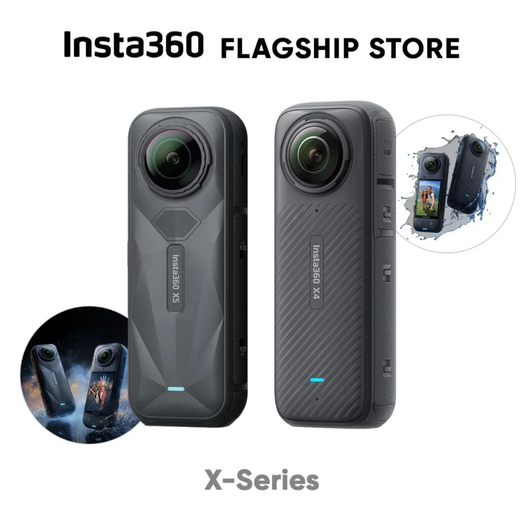 Image showing two Insta360 X-Series 360-degree cameras, with a promotional after-image showing the cameras being waterproof and used for action and adventure photography, and text indicating they are flagship store products.