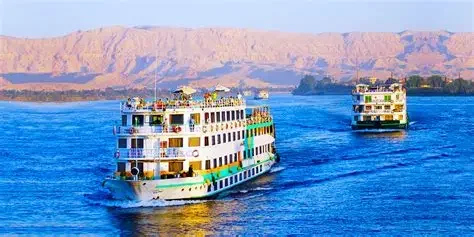 Two large passenger cruise ships sailing on blue water with a mountainous landscape in the background.