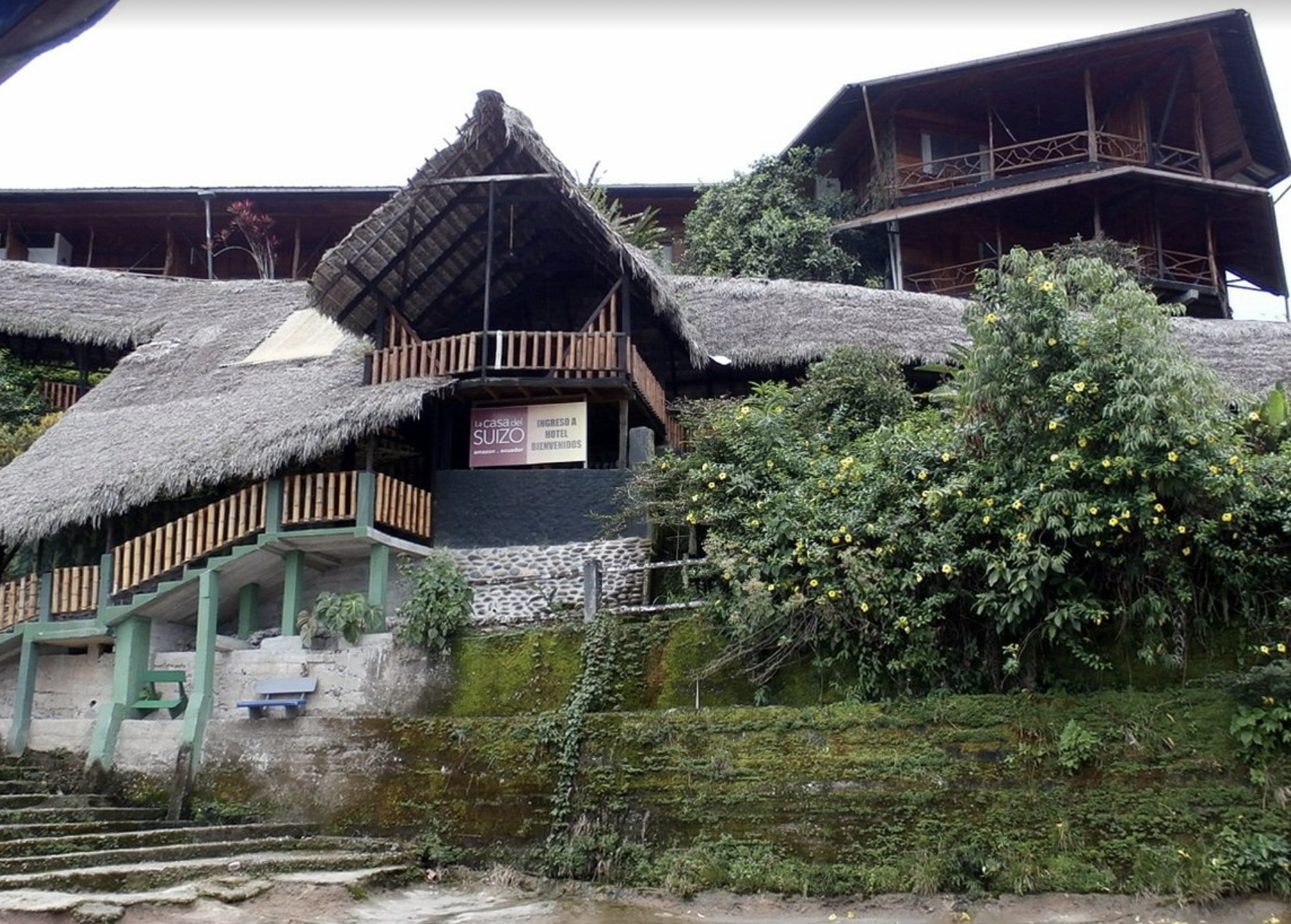 Multi-story hotel with wooden balconies and thatched roofs, surrounded by lush green plants and yellow flowers, with stone stairs and moss-covered ground in the foreground.