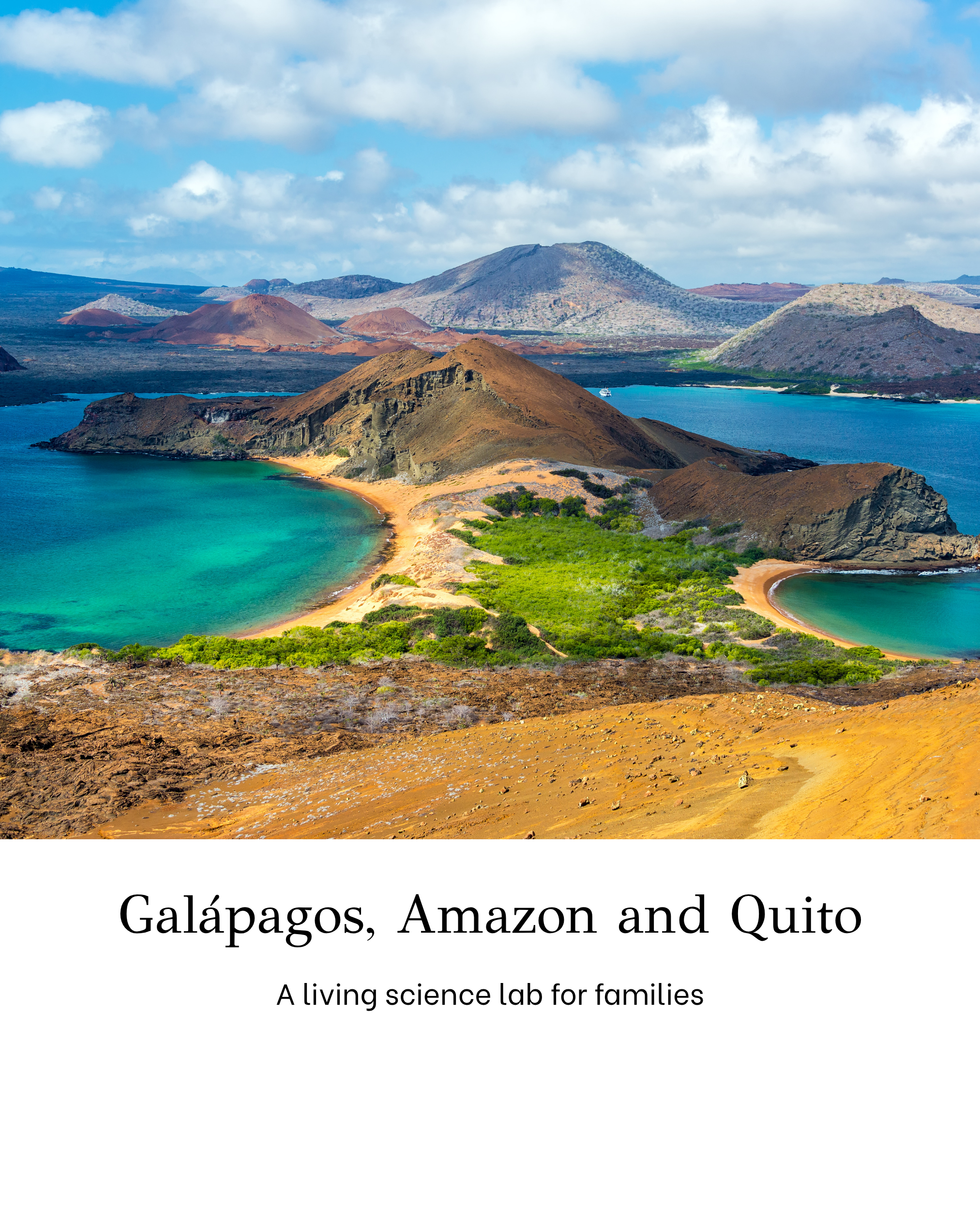 Photograph of volcanic islands surrounded by turquoise waters in the Galápagos, with mountainous terrain and partly cloudy sky.