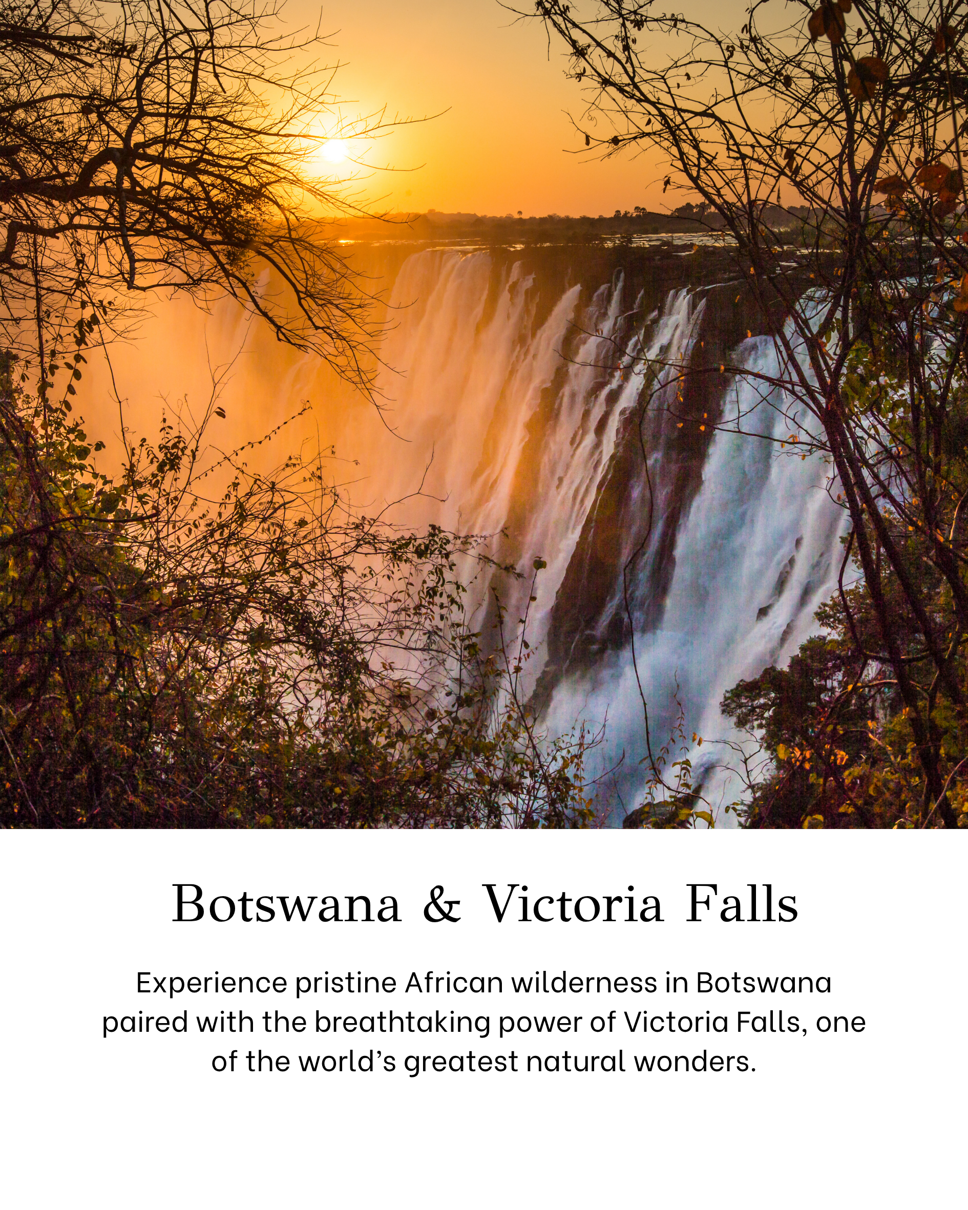 Photo of Victoria Falls in Botswana at sunset, with water cascading down rocks and trees framing the waterfall.