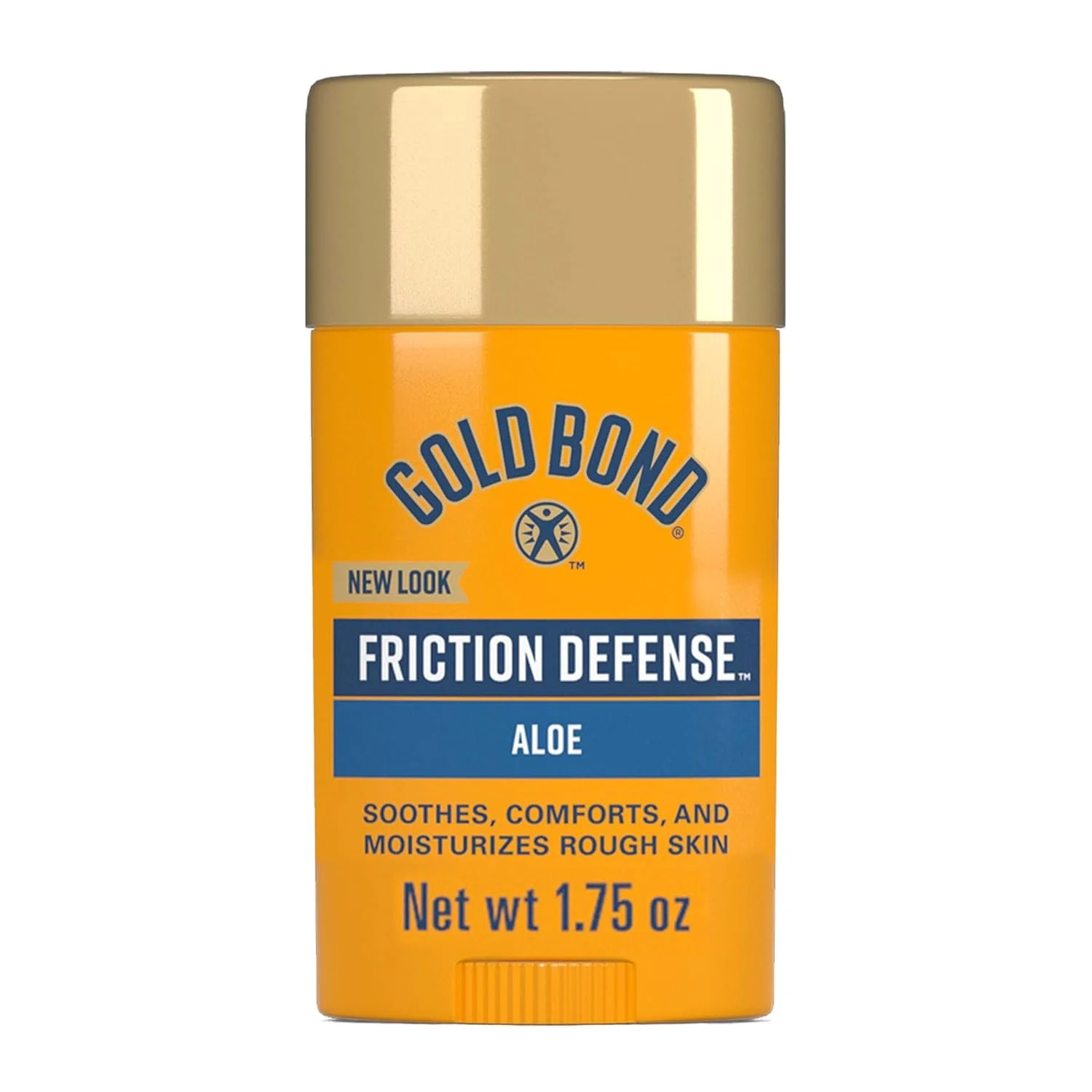 A container of Gold Bond Friction Defense Aloe lotion in a yellow and blue bottle with a gold cap.