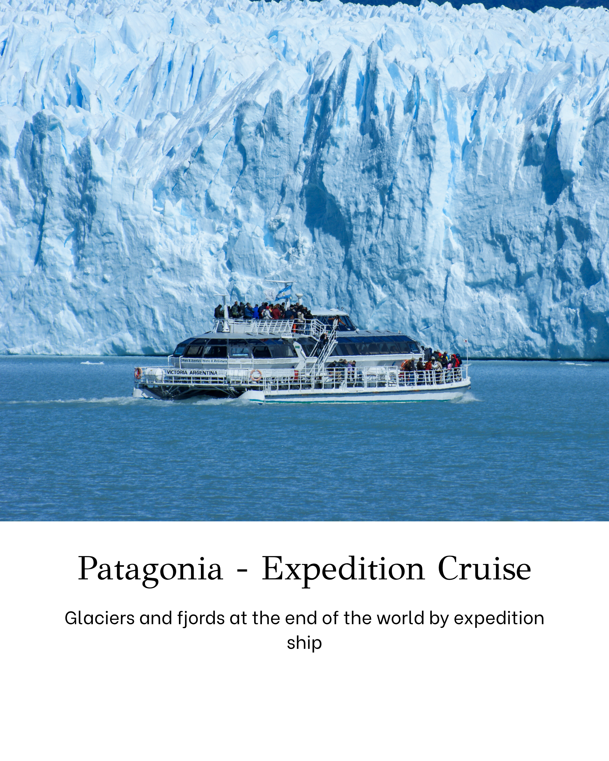 A cruise boat on the water approaching a towering glacier with jagged ice formations, part of the Patagonian expedition cruise.