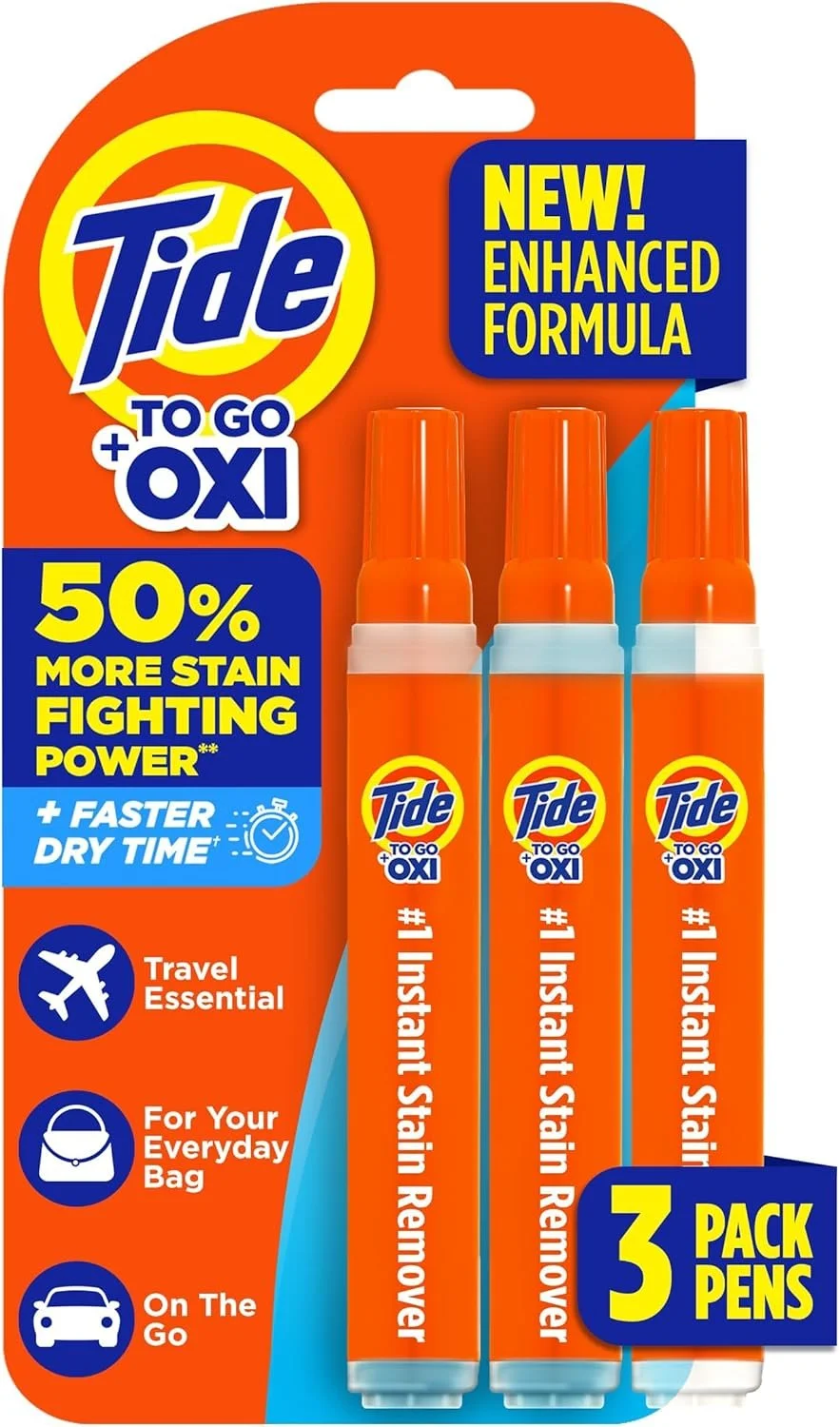 Package of Tide To Go Oxi stain remover pens with three pens, labeled as travel essential, for everyday bags and on-the-go stain removal, featuring a new enhanced formula and 50% more stain fighting power.