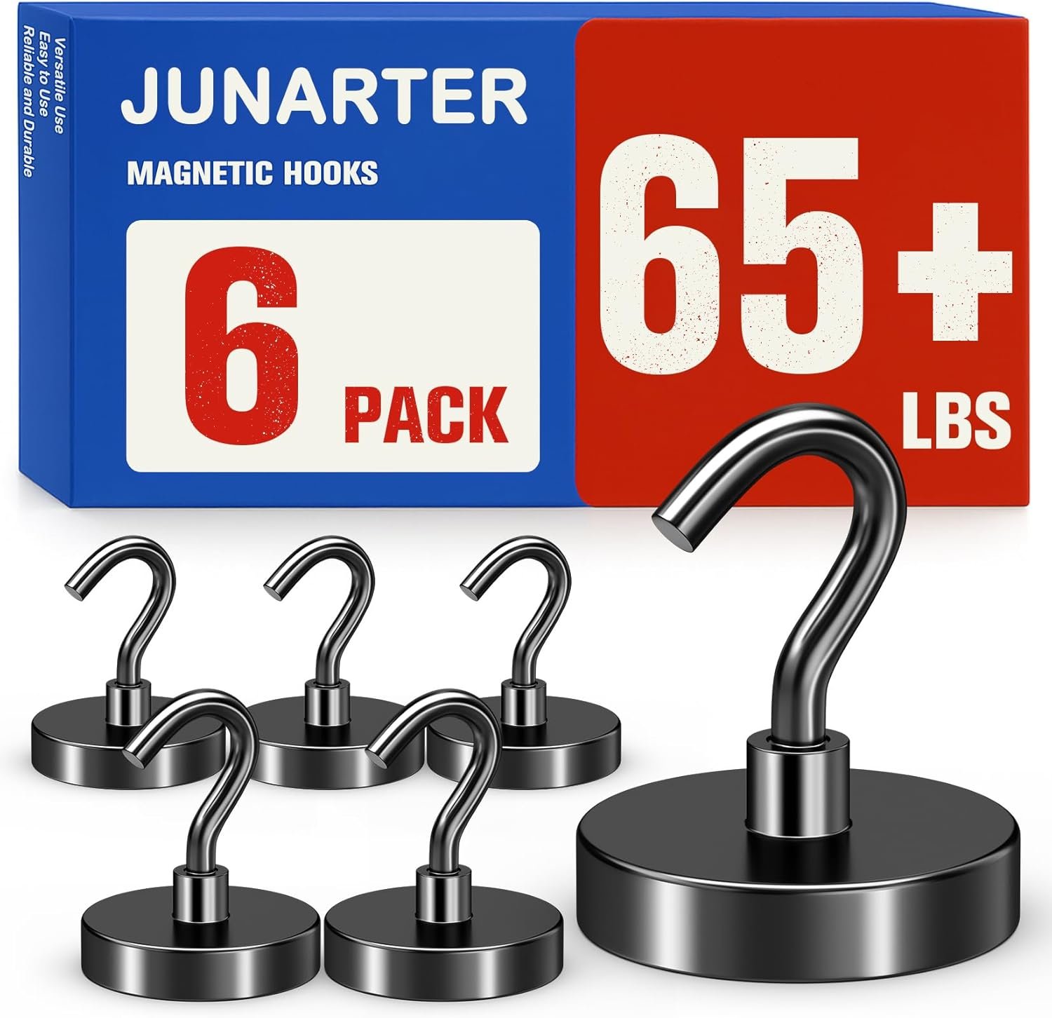 Box of Junarter magnetic hooks with six black hooks displayed in front.