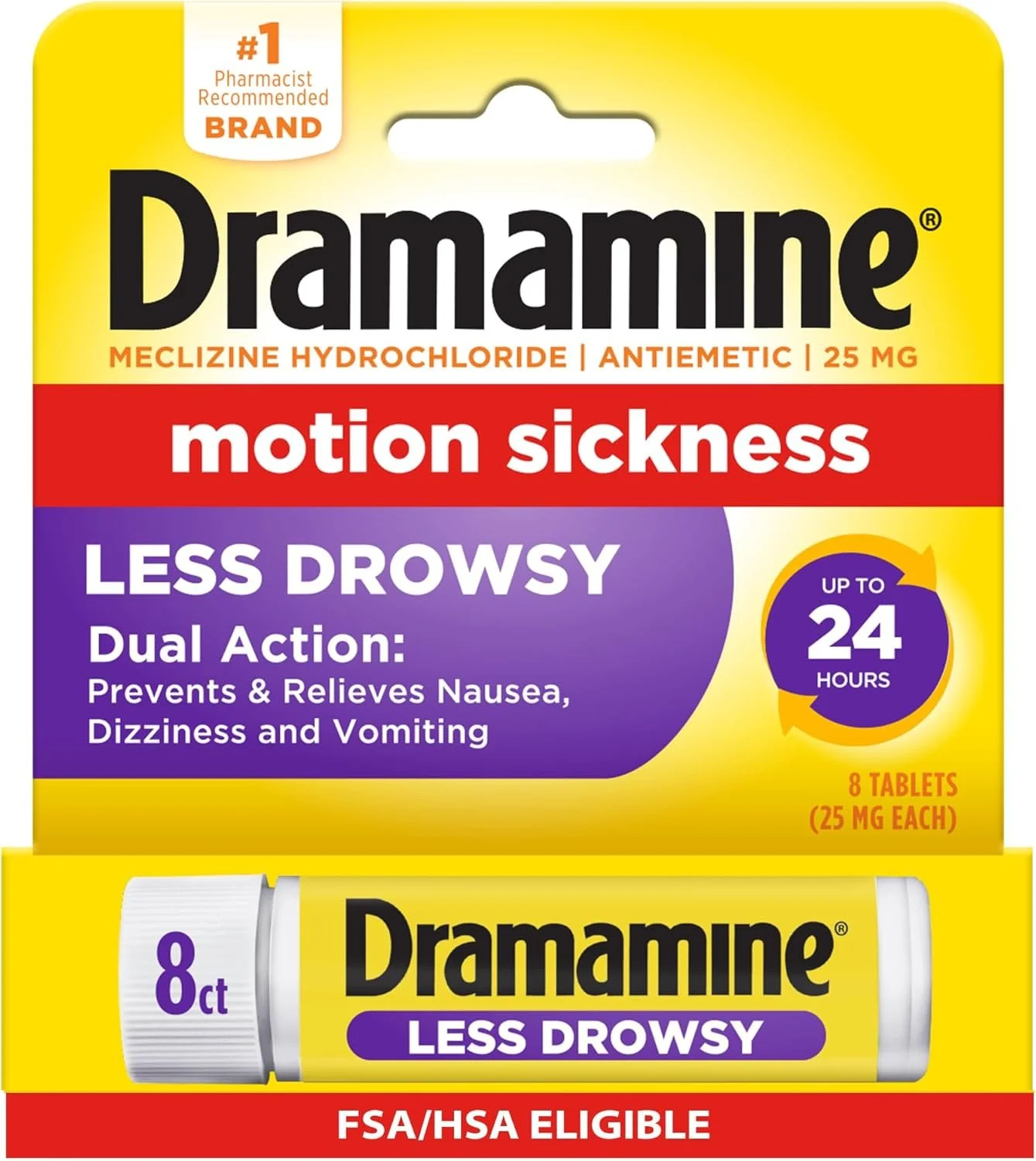 A box of Dramamine Less Drowsy motion sickness tablets, containing 8 tablets, showing the active ingredient meclizine hydrochloride 25 mg, with yellow, red, purple, and white packaging, and a tube of the medication below it.