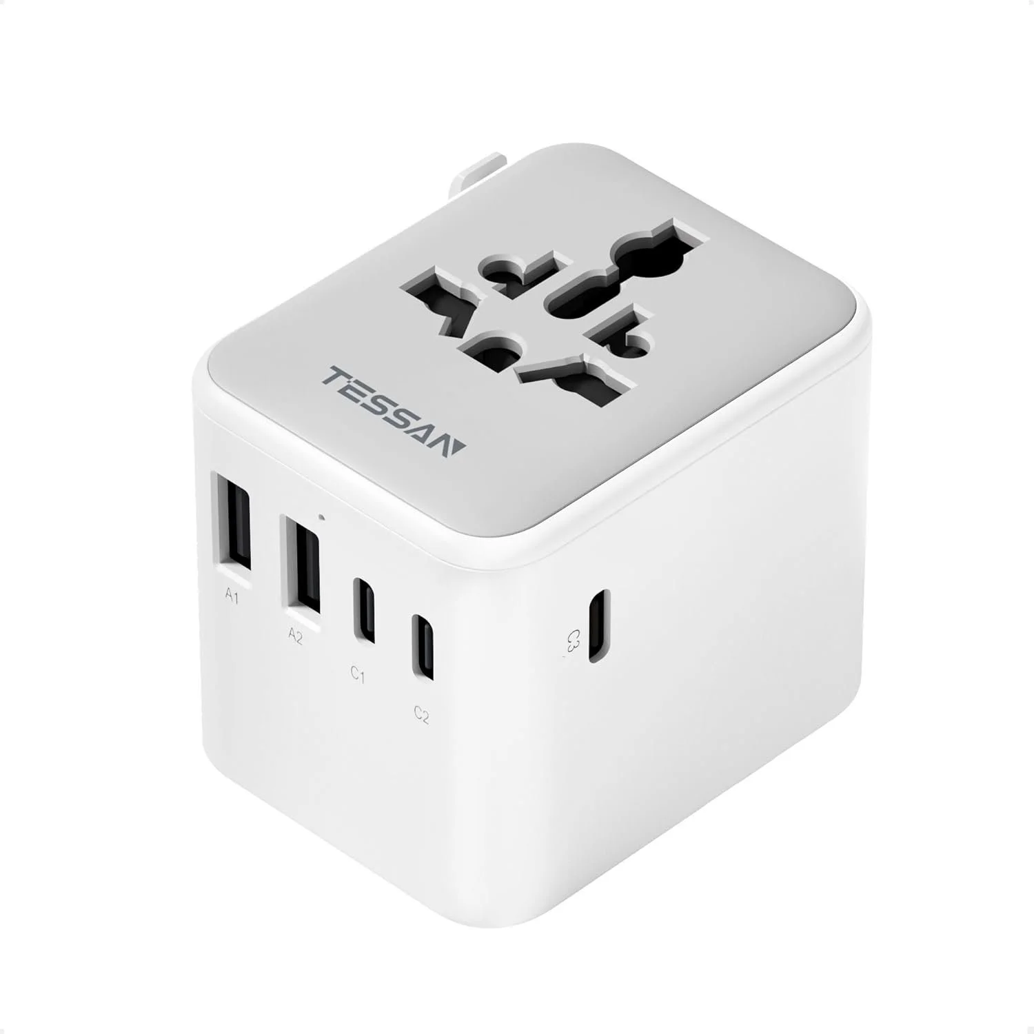 A white multi-port charging adapter with various types of electrical sockets and USB ports, branded with 'TESSAAN'.
