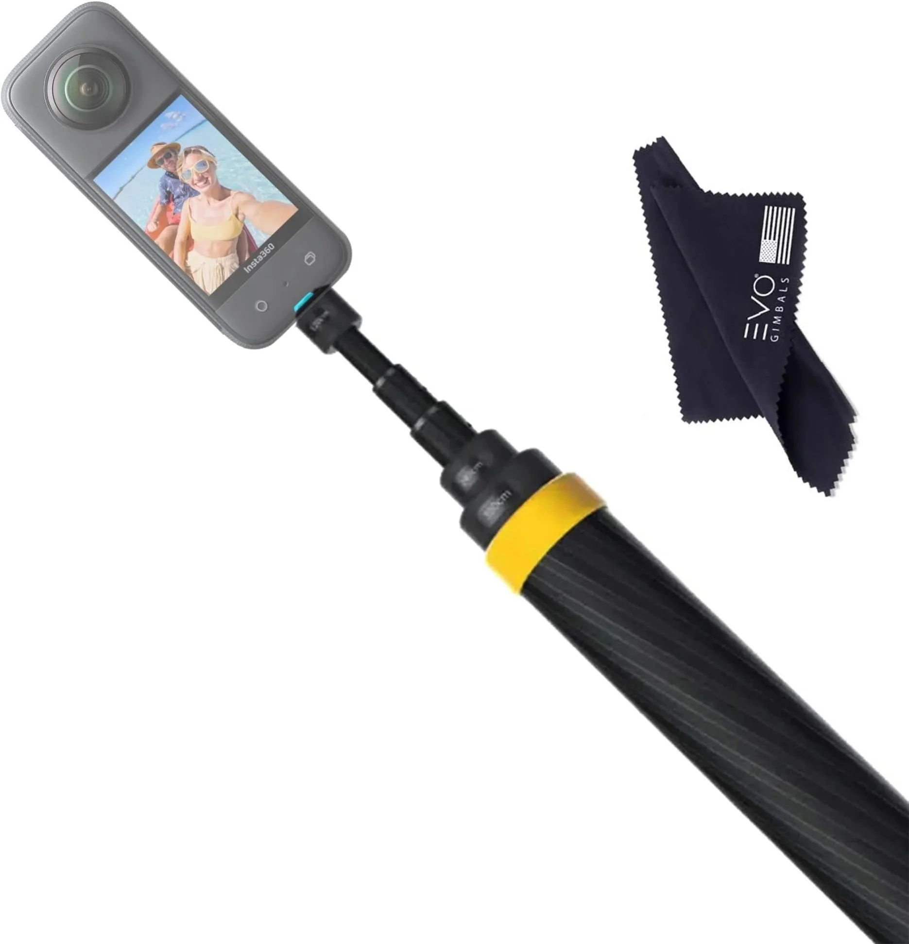 A small device resembling a camera connected to a fishing rod, with a cloth bag labeled 'EVO GIMBALLS' nearby.