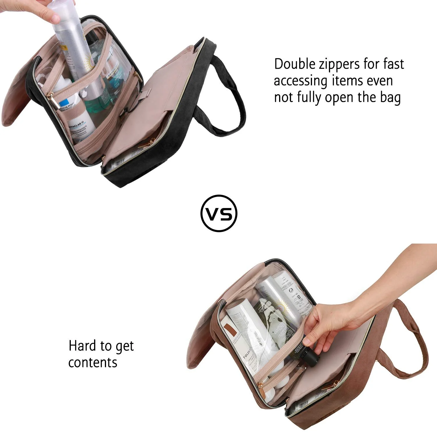 Comparison of two bags, highlighting double zippers for easy access in the first bag and difficulty in the second bag.
