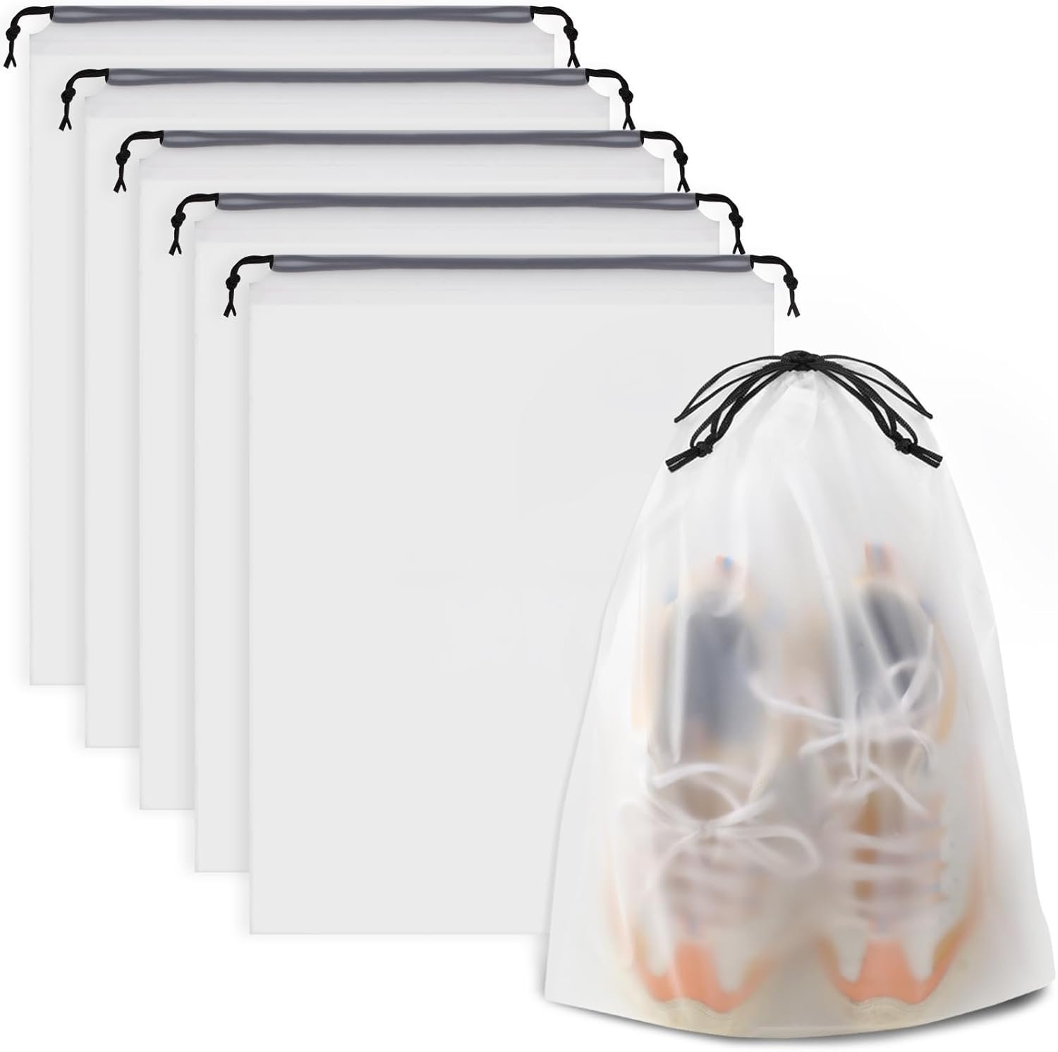 A set of white stand-up mailing or storage envelopes with black drawstring closures stacked on top of each other, and a small transparent drawstring gift bag containing various items.