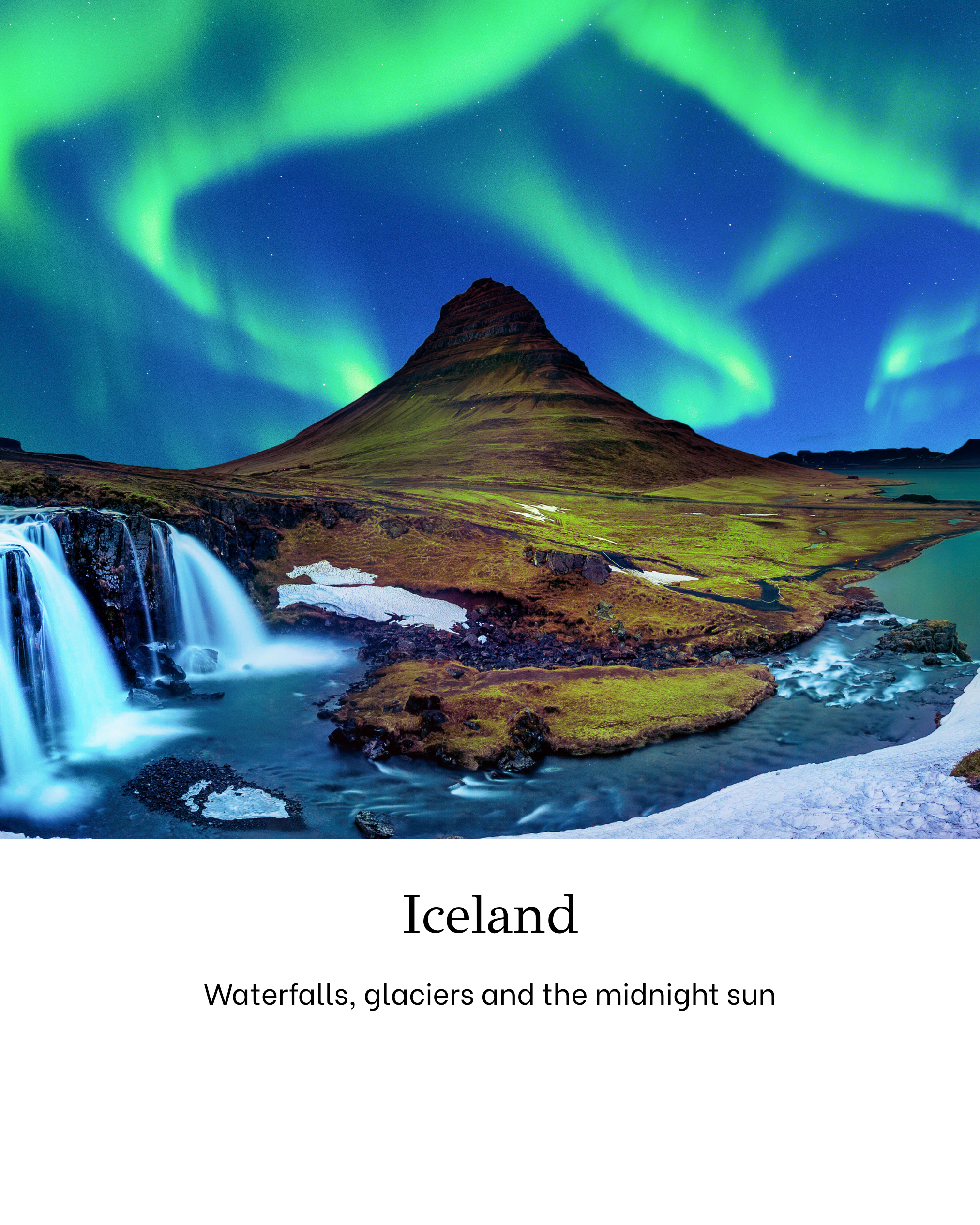 The image shows a landscape of Iceland with a mountain in the background, waterfalls in the foreground, and a vibrant display of northern lights in the night sky.