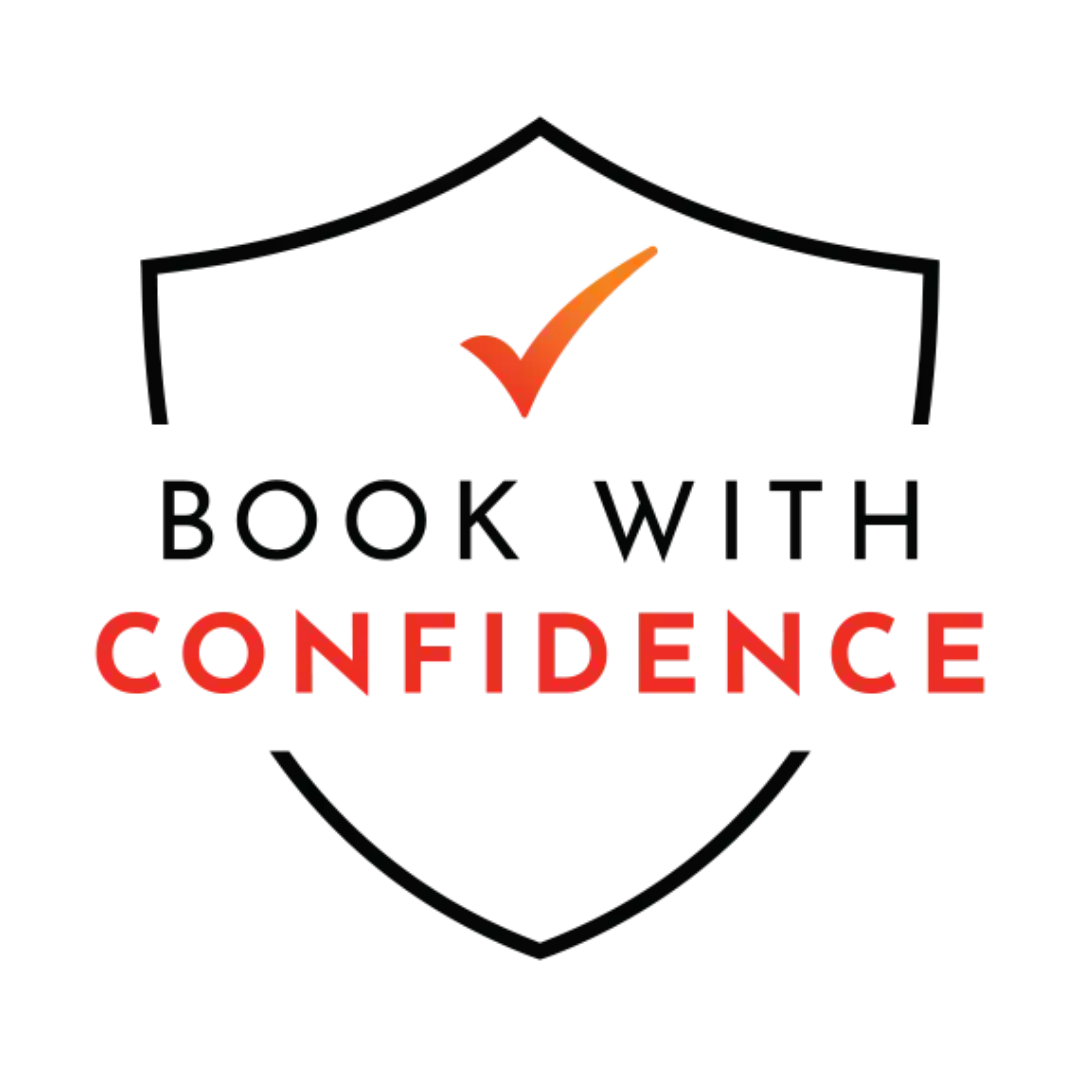 A shield with a checkmark and the text 'Book with Confidence' in black and red.
