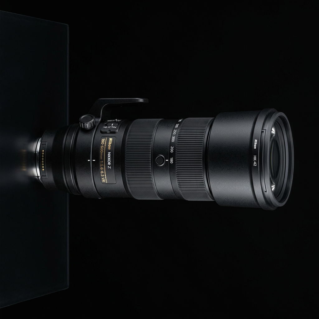 A professional camera lens mounted on a camera, pointing towards a reflective surface against a black background.