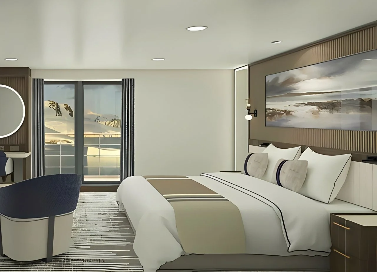 A modern hotel room with a large bed, decorative pillows, artwork of a lake landscape above the bed, a sliding glass door leading to a balcony with a beach view, a round mirror, a sitting chair, and striped curtains.