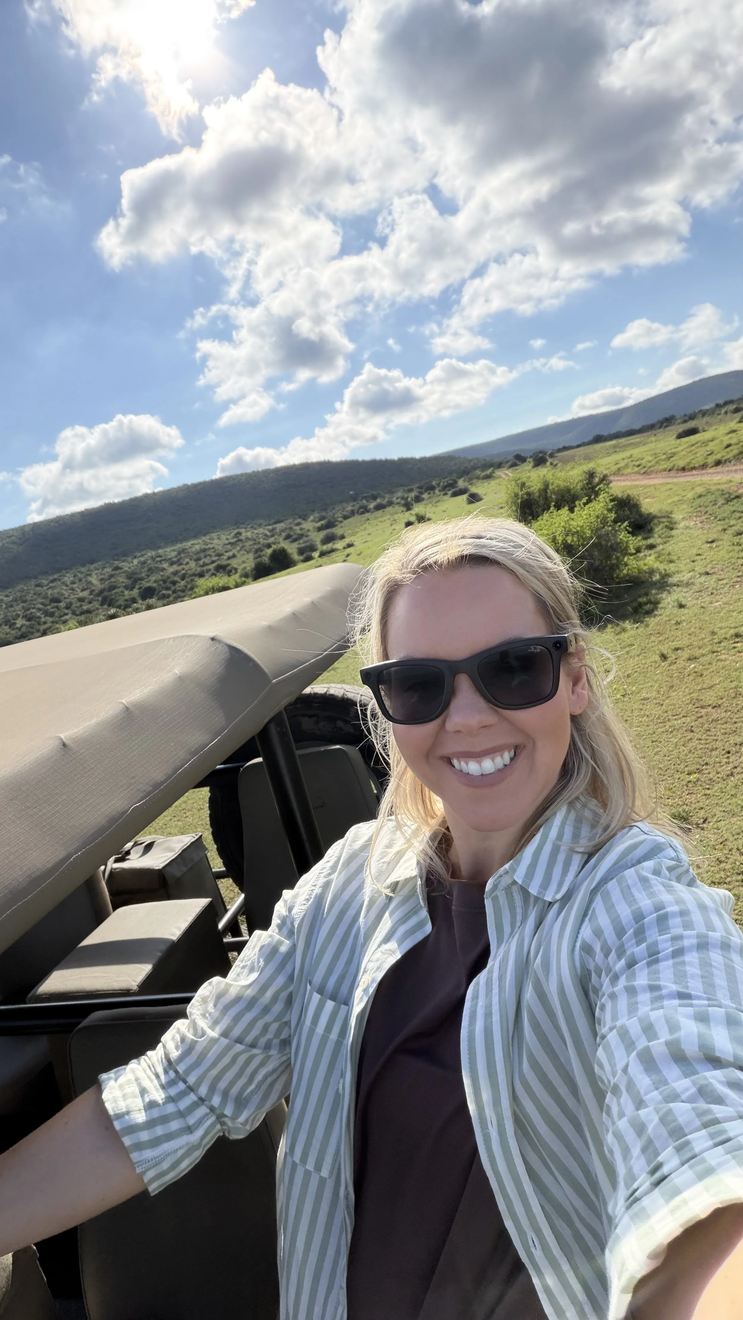 Safari jeep pose in South Africa after sundowners