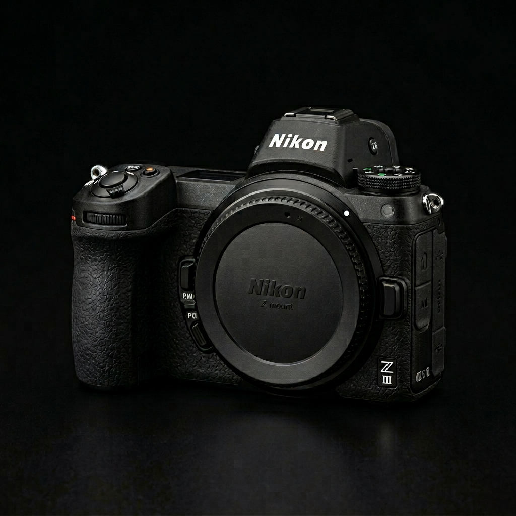 Nikon Z-series mirrorless camera with body cap attached, set against a black background.