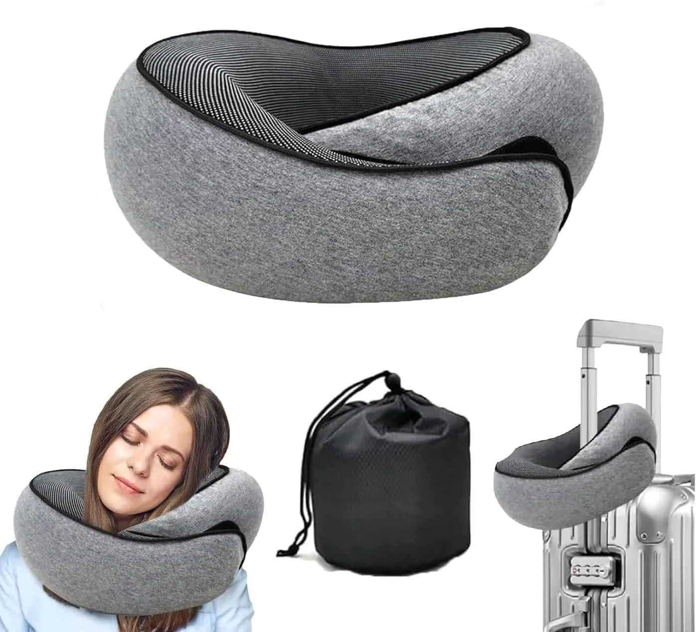 A neck pillow designed for travel, used by a woman resting her head on it, shown in various mounting options including on a suitcase, on a person's neck, and with a carrying bag.