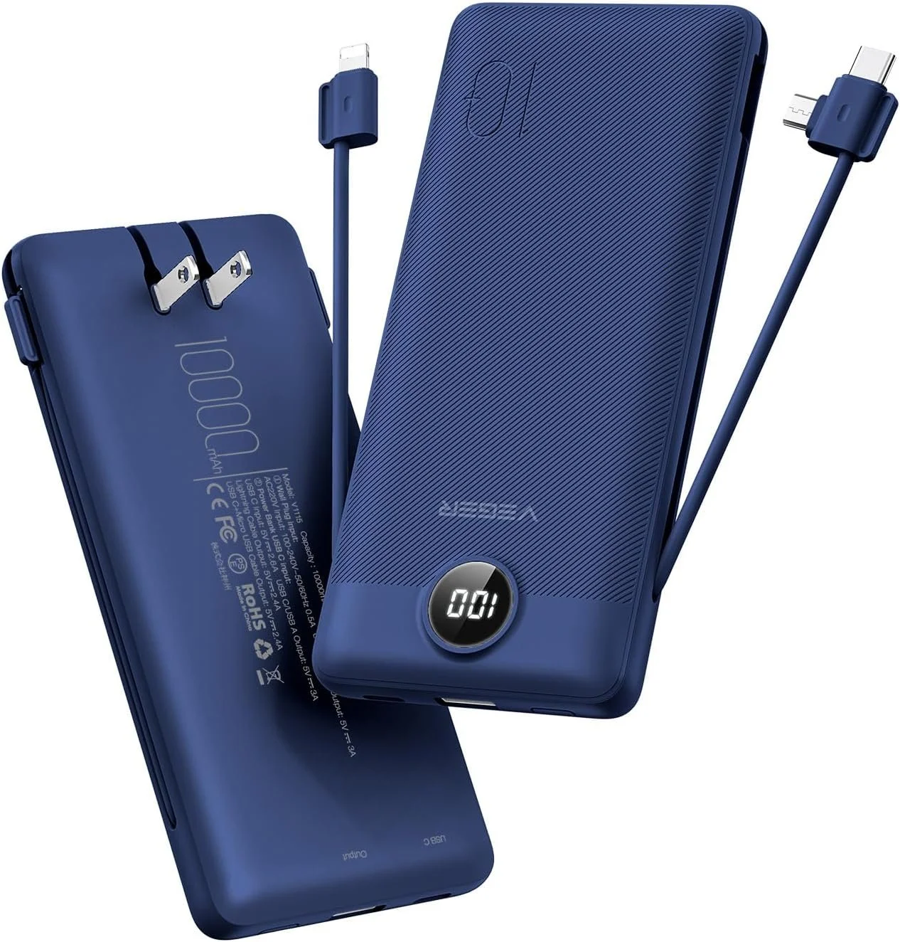 Blue portable power bank with a digital display showing '00', a USB-C cable attached, and a labeled battery indicating 10000 mAh capacity.