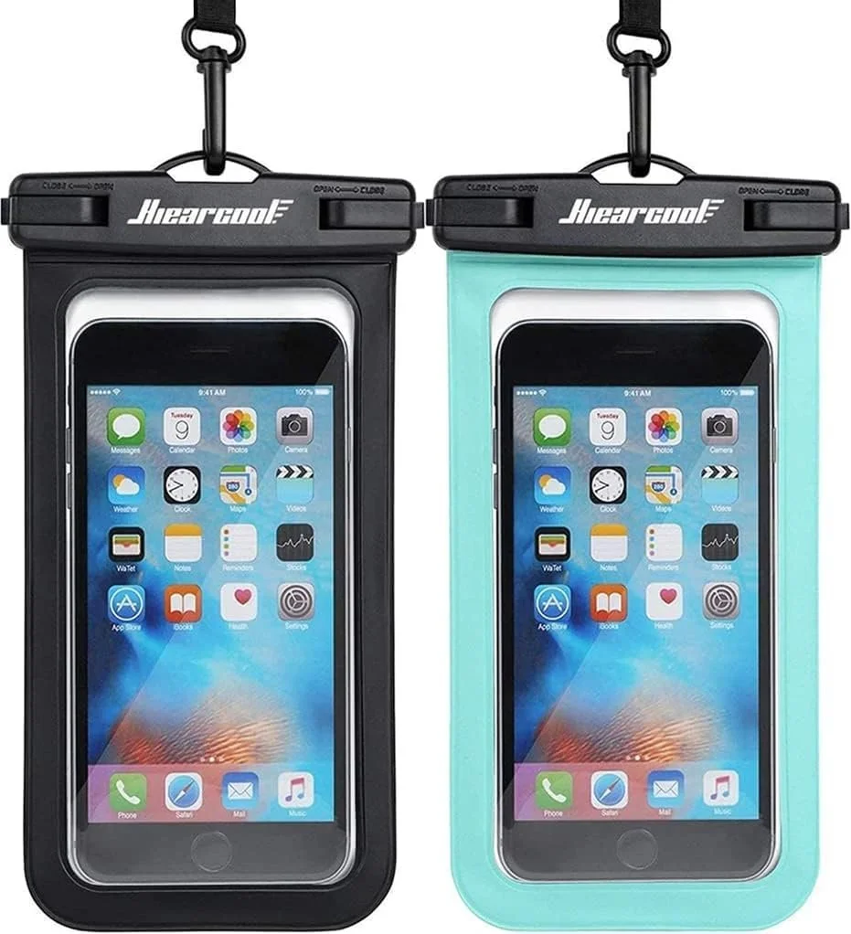Two smartphones in waterproof cases hanging from straps, one in black case and the other in turquoise case.