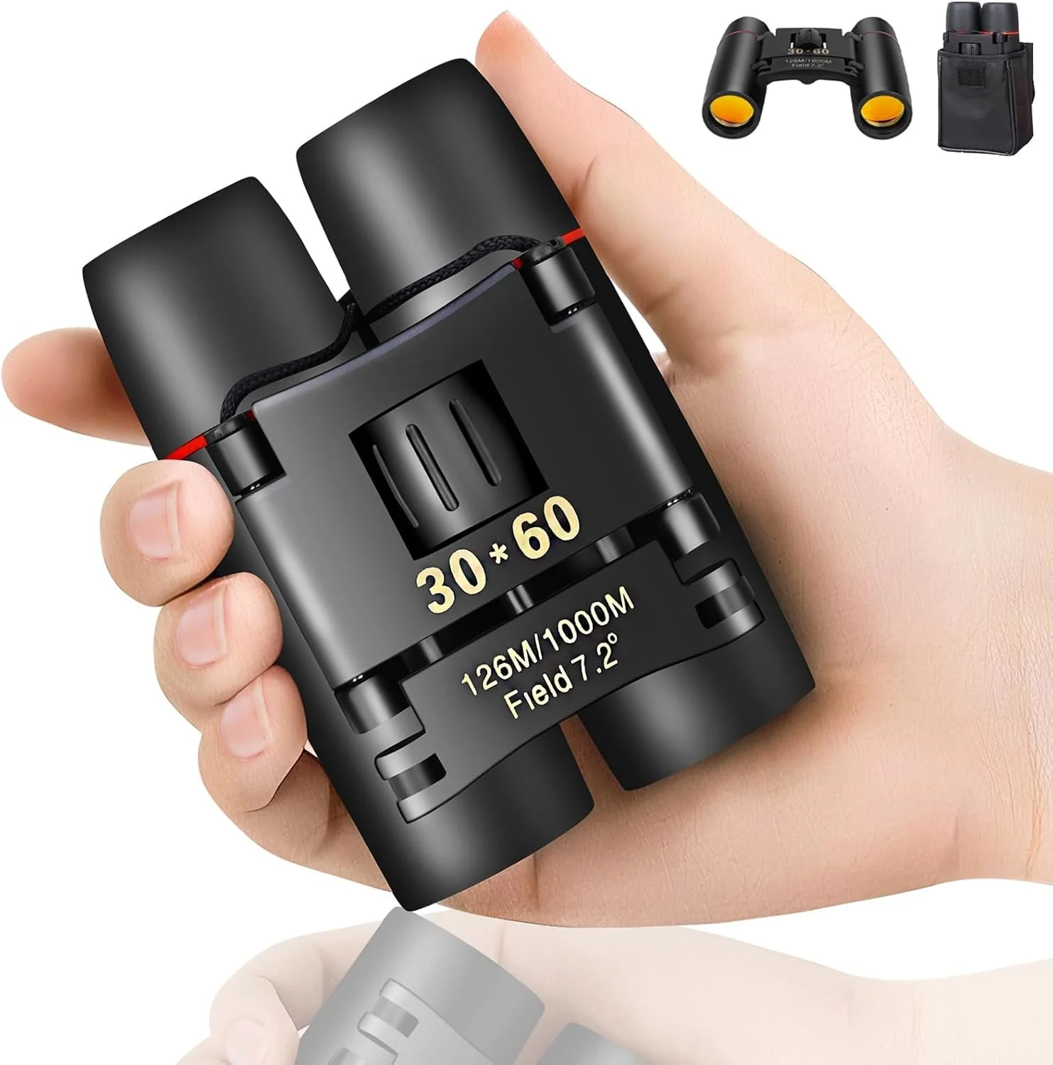 Hand holding a compact black 30x60 binocular with specifications printed on it, including 126 meters field of view at 1000 meters. Small image shows additional binocular settings and carrying case in the upper right corner.