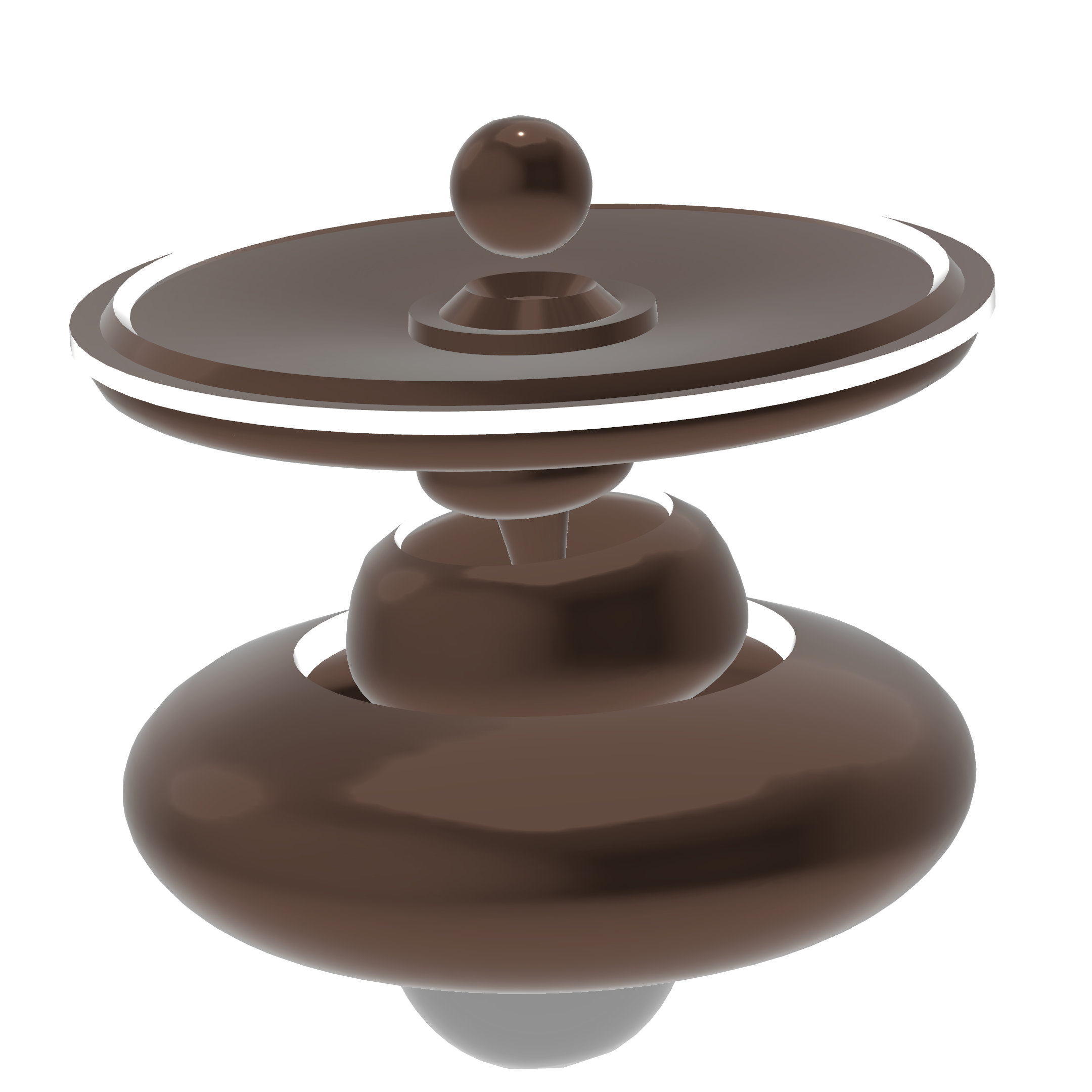 A close-up of a spinning top with a dark, shiny sphere balanced on a flat surface, with a black background.