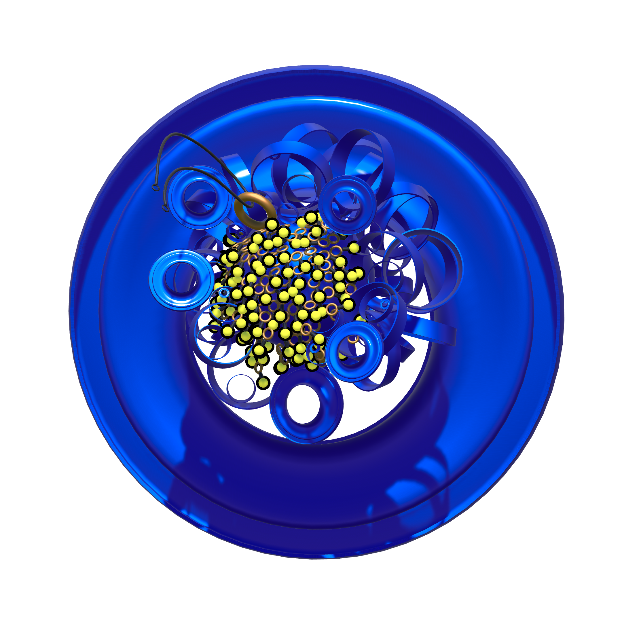 Close-up digital illustration of an atom with yellow particles orbiting around a central nucleus, depicted with bright blue and black colors.