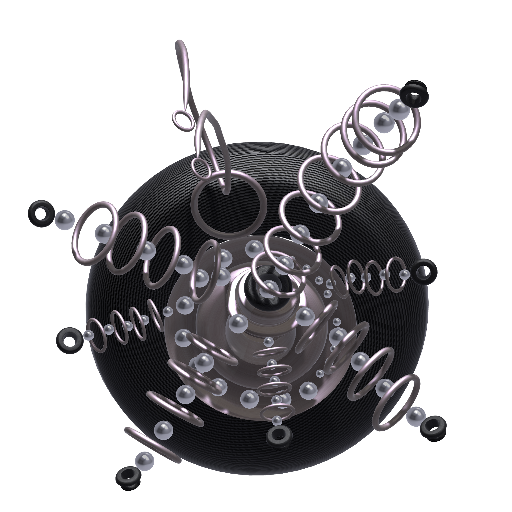 A digital illustration of a metallic spherical object with intricate circular and spiral wire structures surrounding it.