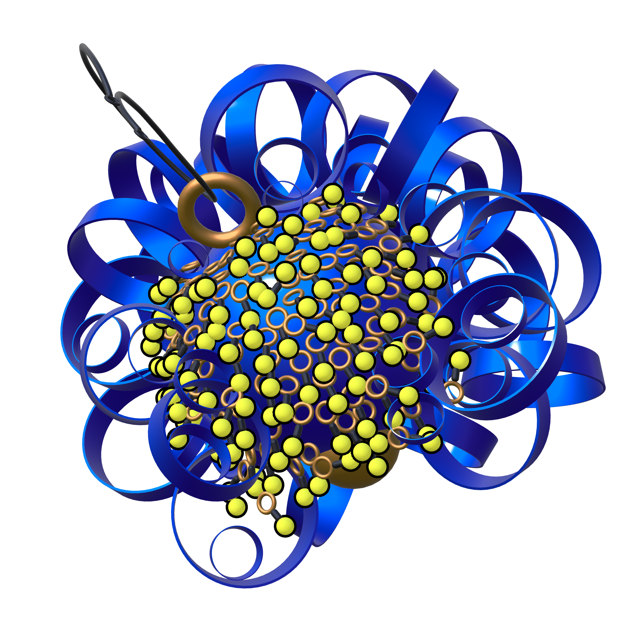 Scientific illustration of a protein structure with yellow and black spheres representing atoms, set against a complex blue background of molecular shapes and loops.