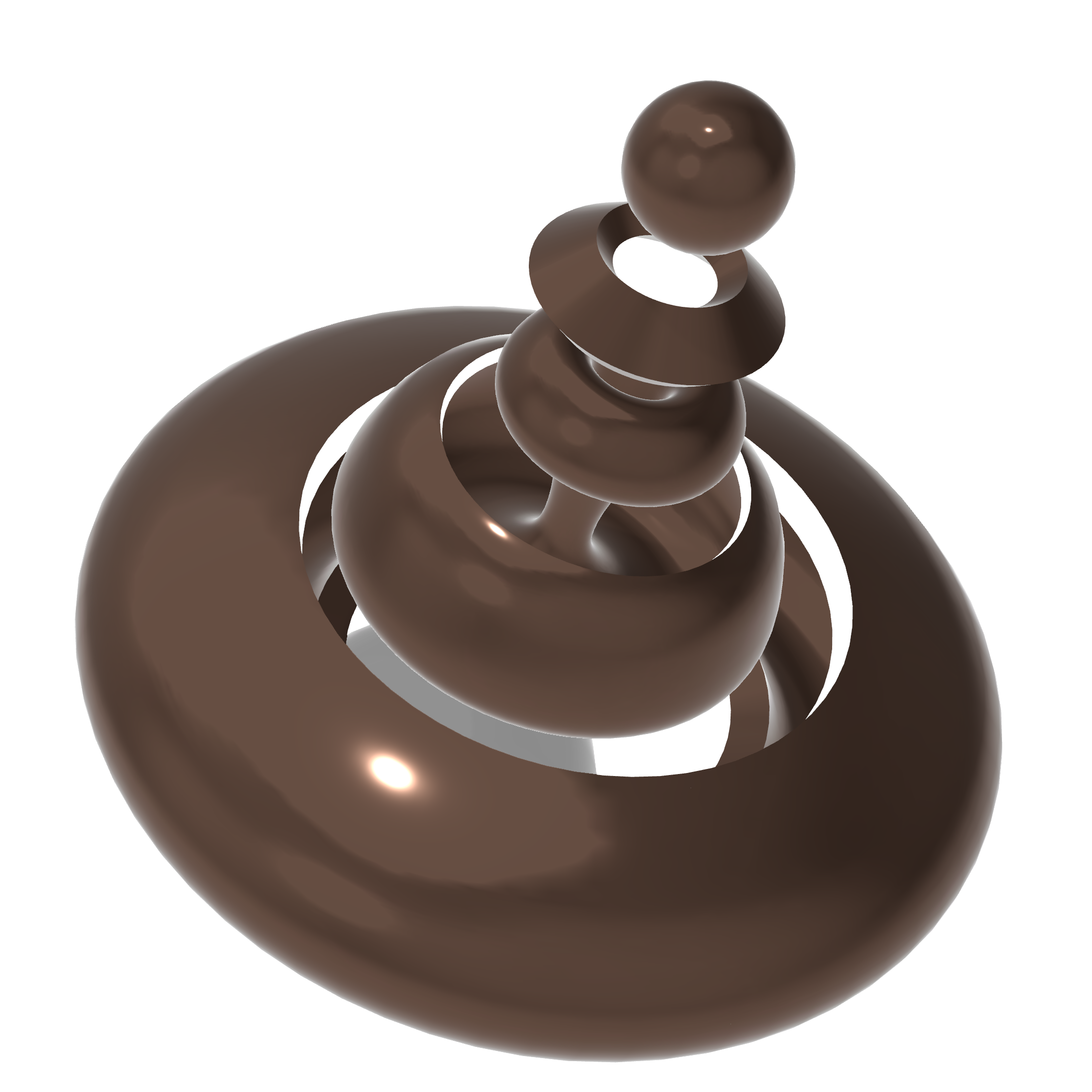 Close-up of a chocolate spiral, shiny and smooth, with a spherical chocolate piece at the top.
