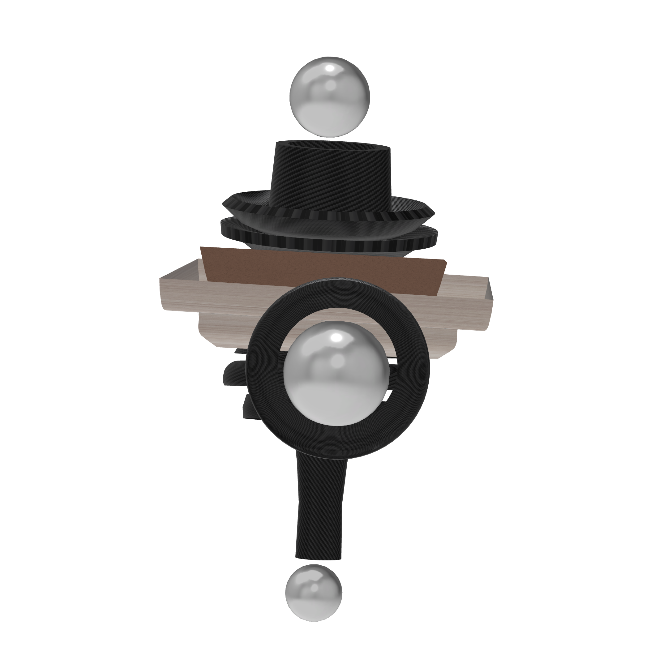 Close-up view of a metallic ball atop a black and grey textured structure, with a background of black and grey platforms.