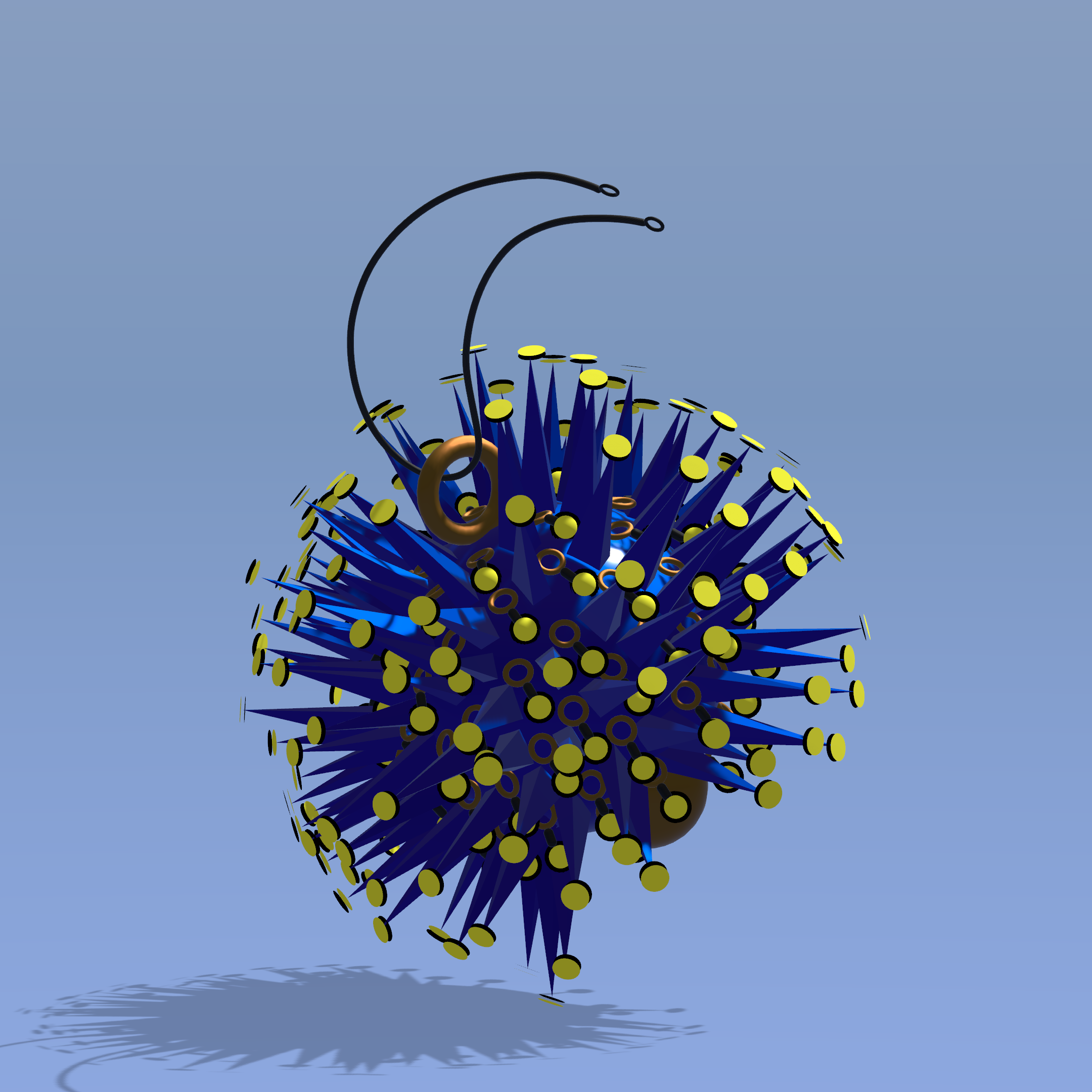 An abstract digital illustration featuring a spherical burst of blue, black, and yellow elements with curved black wires extending outward against a light blue background.
