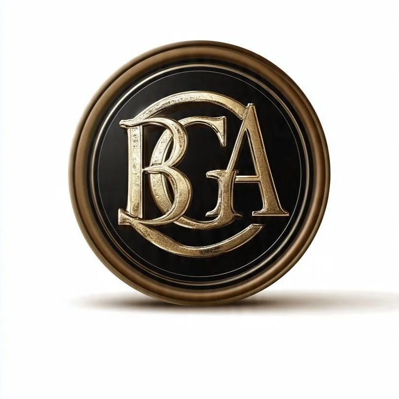 A circular sign with a gold border and black background, featuring the stylized gold initials 'B', 'G', and 'A' in the center.