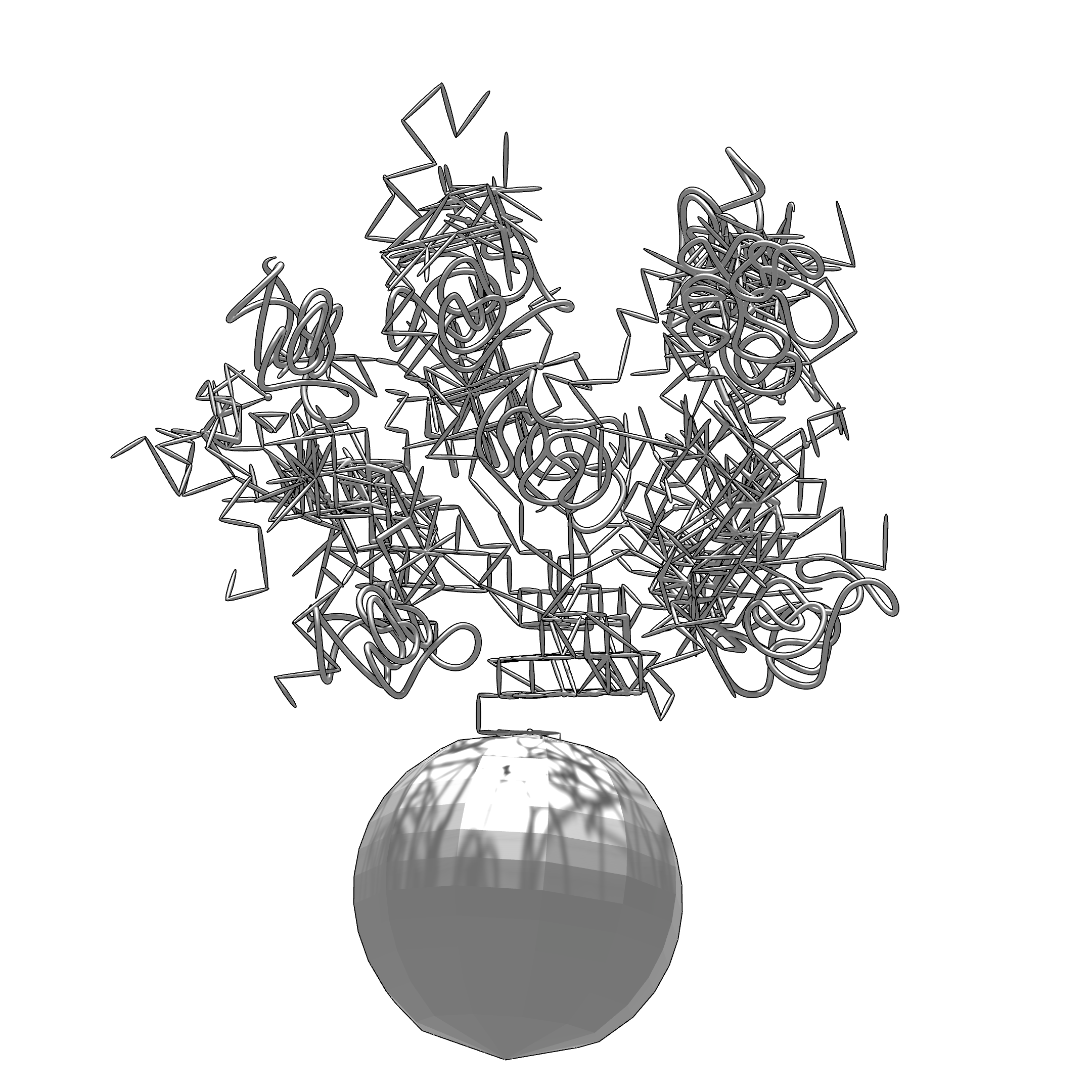 3D rendering of a planet-like sphere connected to a complex tangled network of metallic wire-like structures on top.