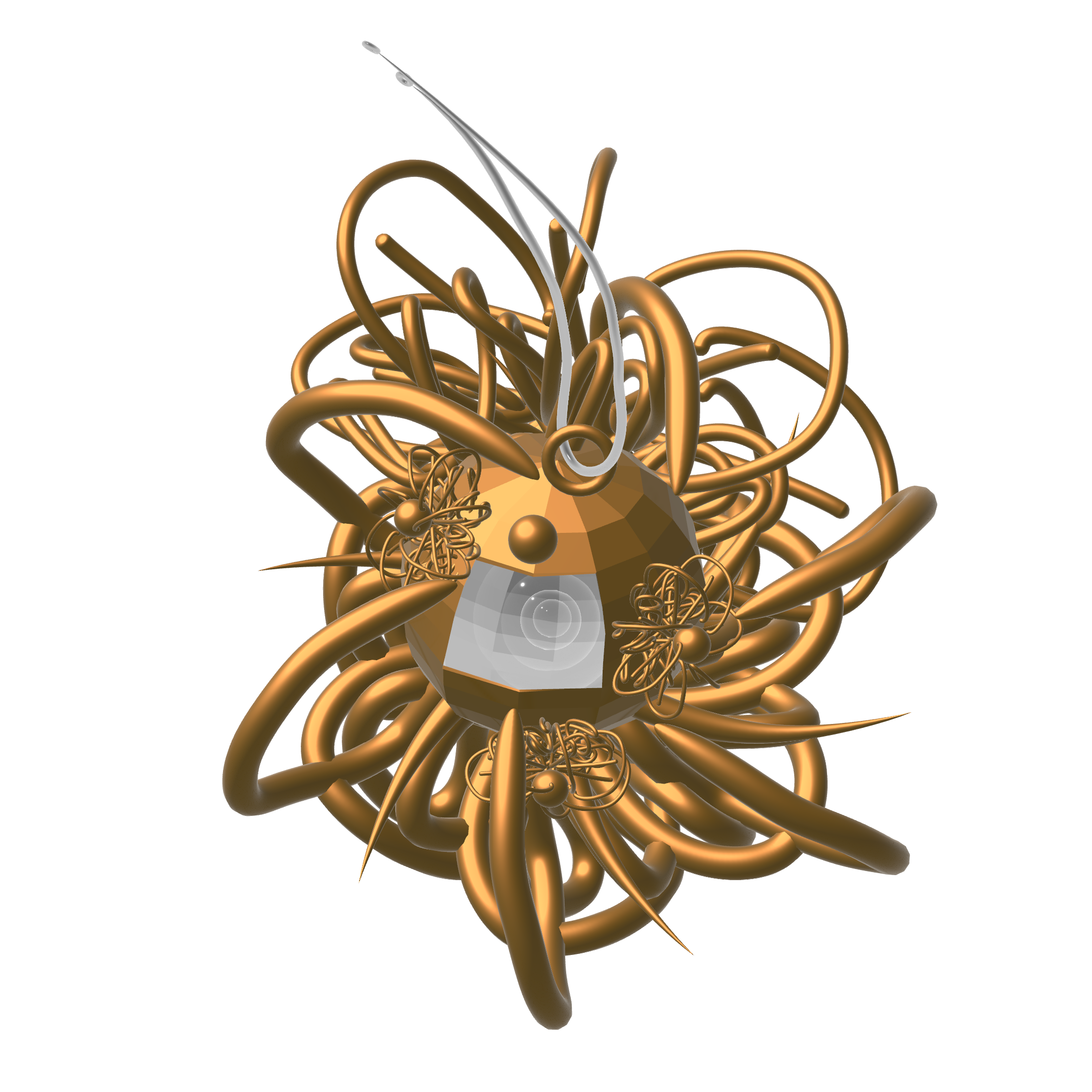 A computer-generated 3D model of a human heart with golden and silver tangled wires around it.