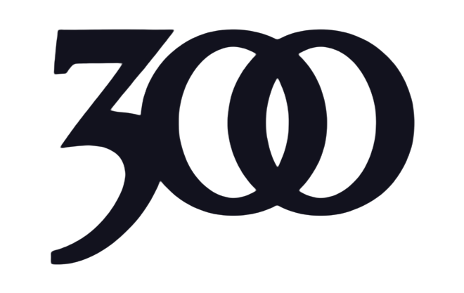 Black logo with the number 300 stylized in a modern, rounded font.
