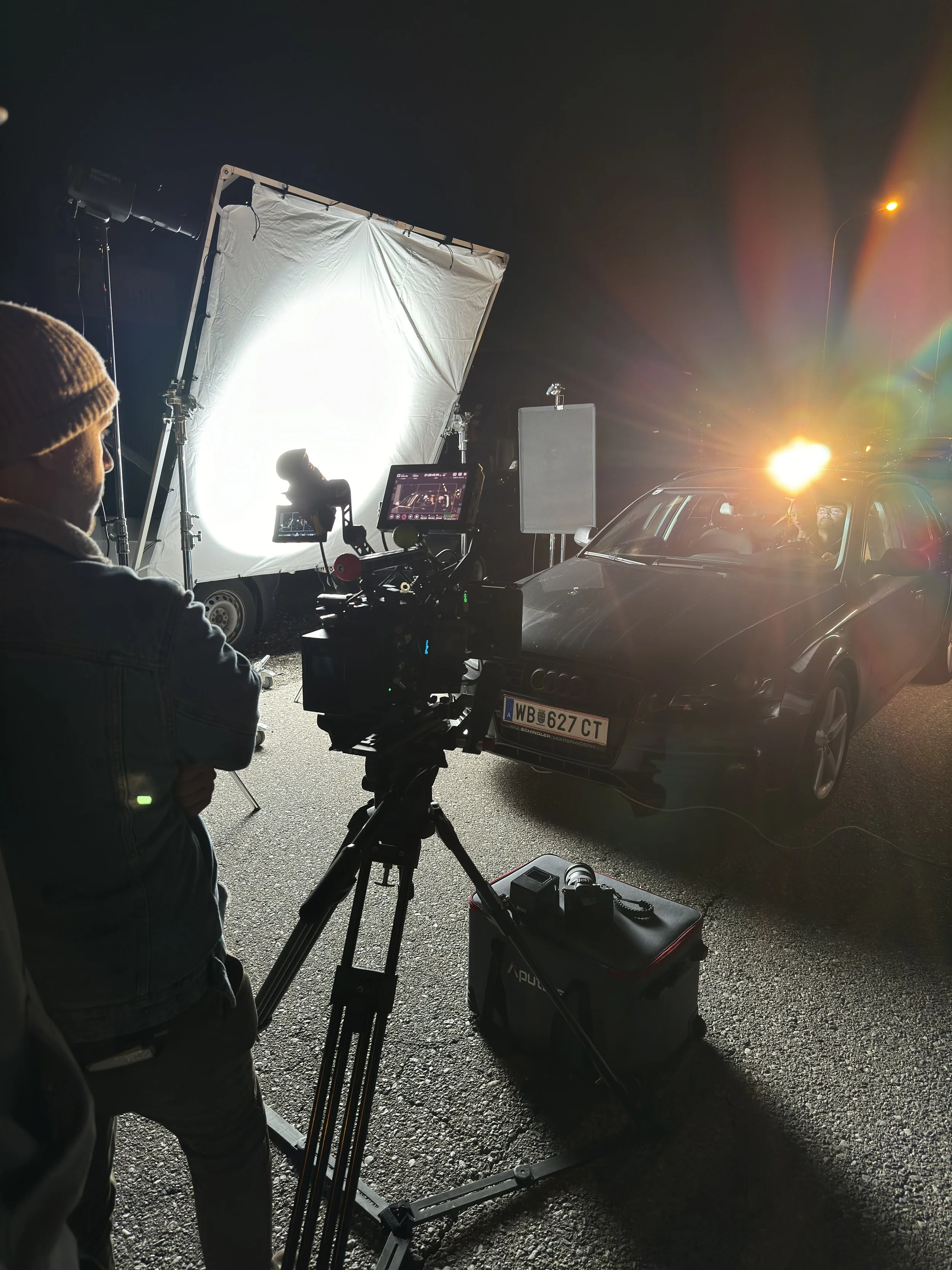A film production set at night with a camera on a tripod, crew member in a beanie and jacket, large white reflector, lighting equipment, and a car with two people inside, illuminated by a bright light.