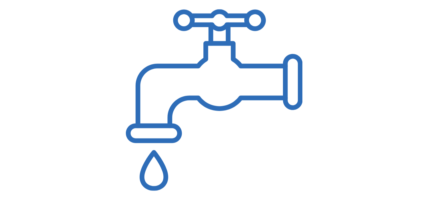 Blue outline of a water faucet with a water drop underneath, indicating a leak or dripping water.